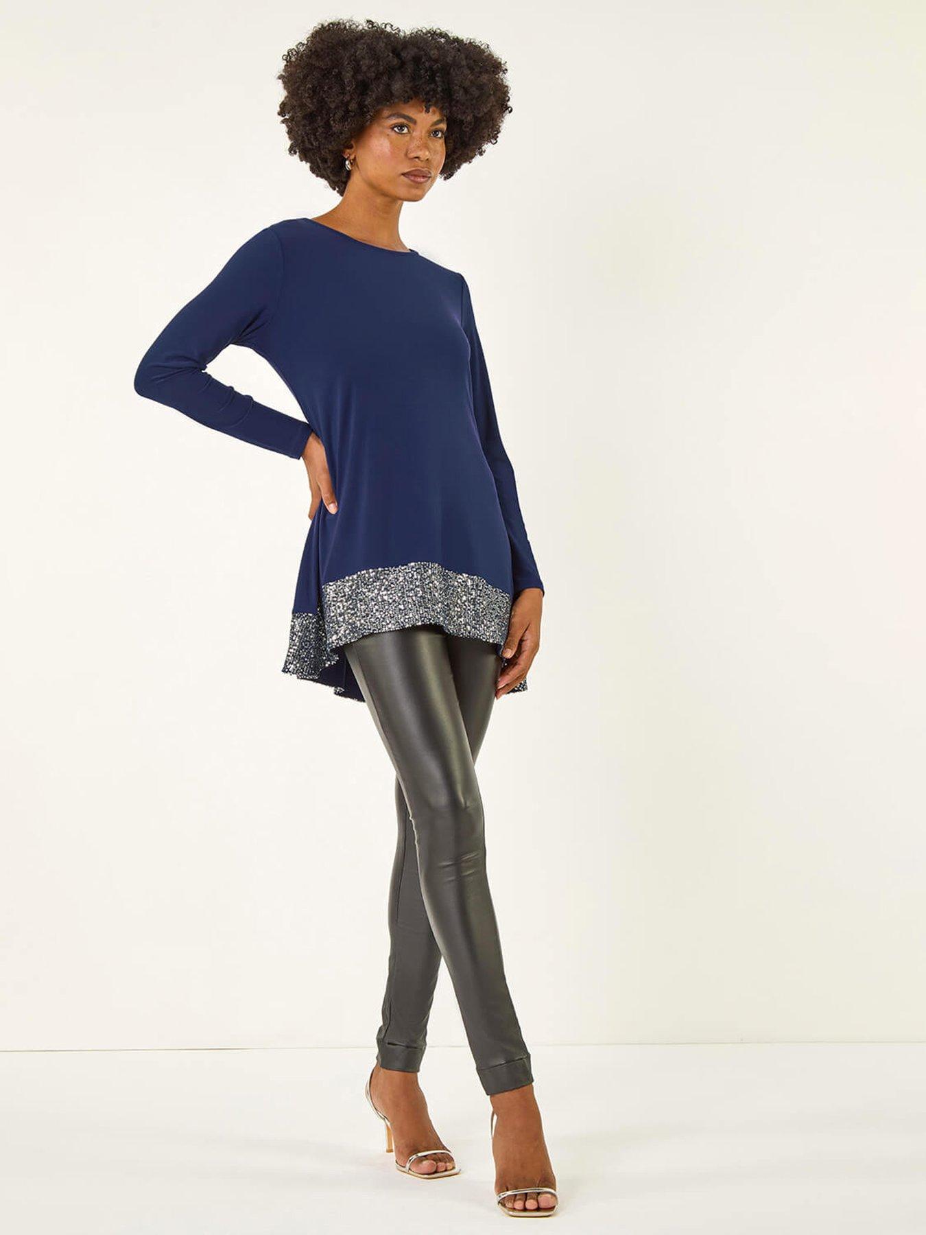 Roman Sequin Hem Tunic Stretch Top - Navy