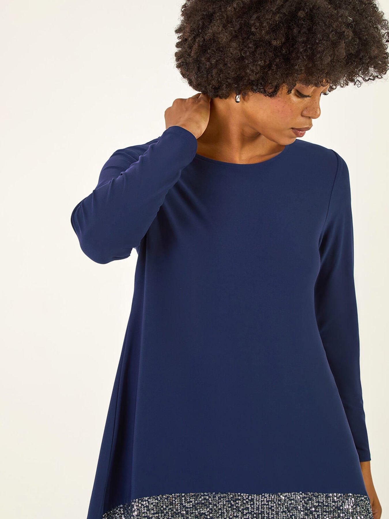  image of roman-sequin-hem-tunic-stretch-top-navy