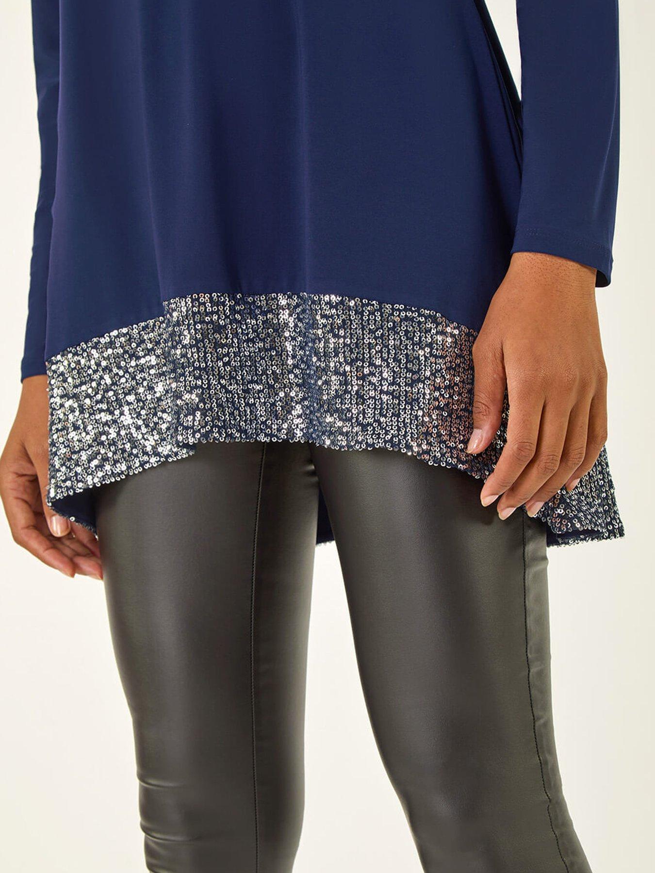 image of roman-sequin-hem-tunic-stretch-top-navy