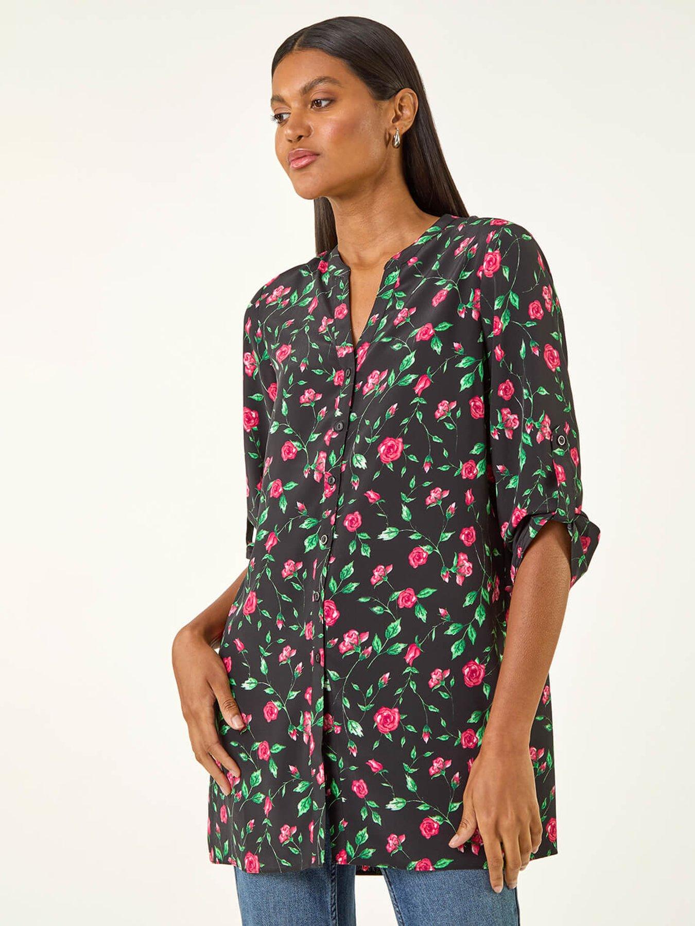 undefined Rose Print Longline Buttoned  Blouse - Red