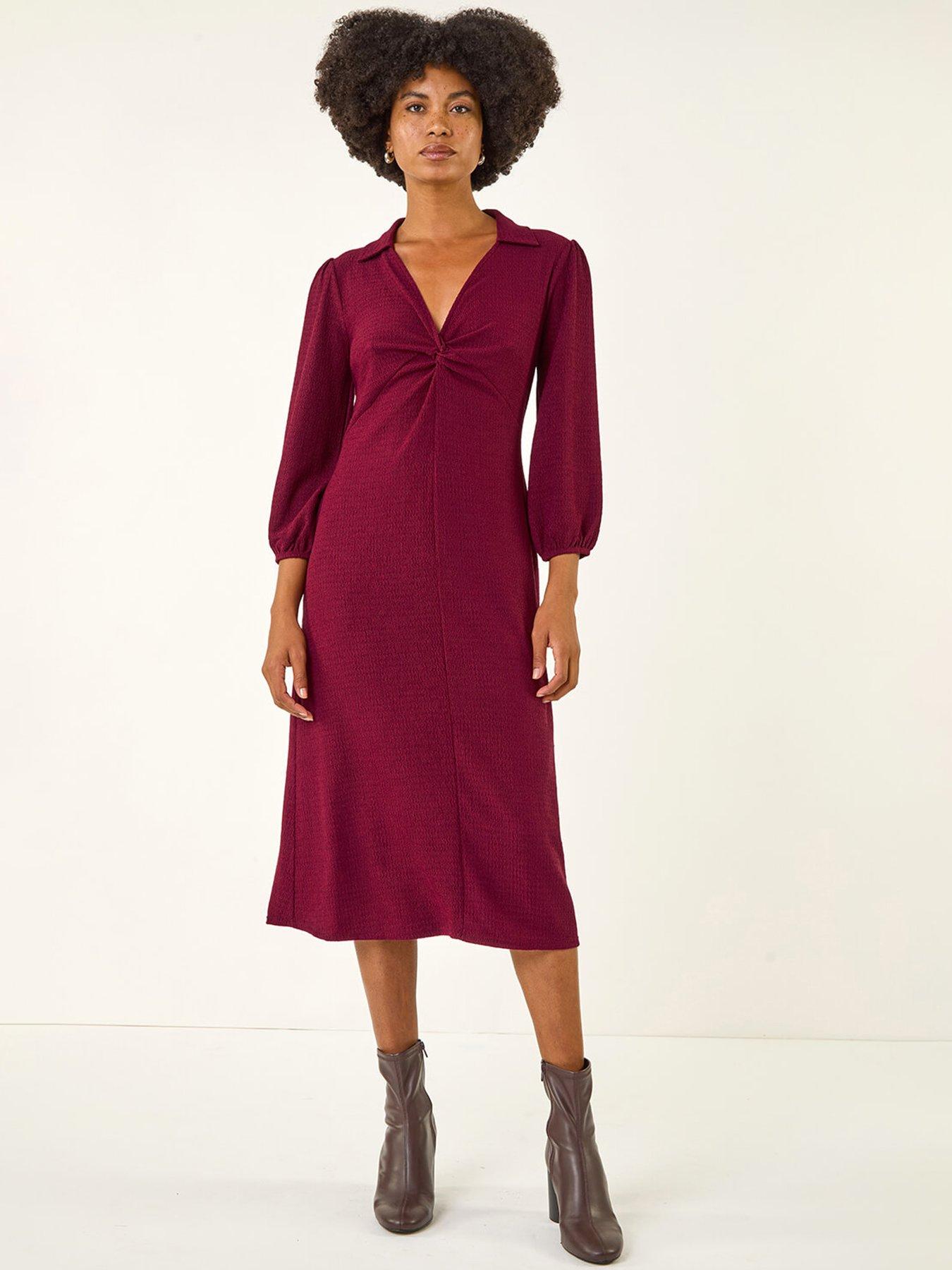 undefined Textured Collared Twist Front Dress - Red