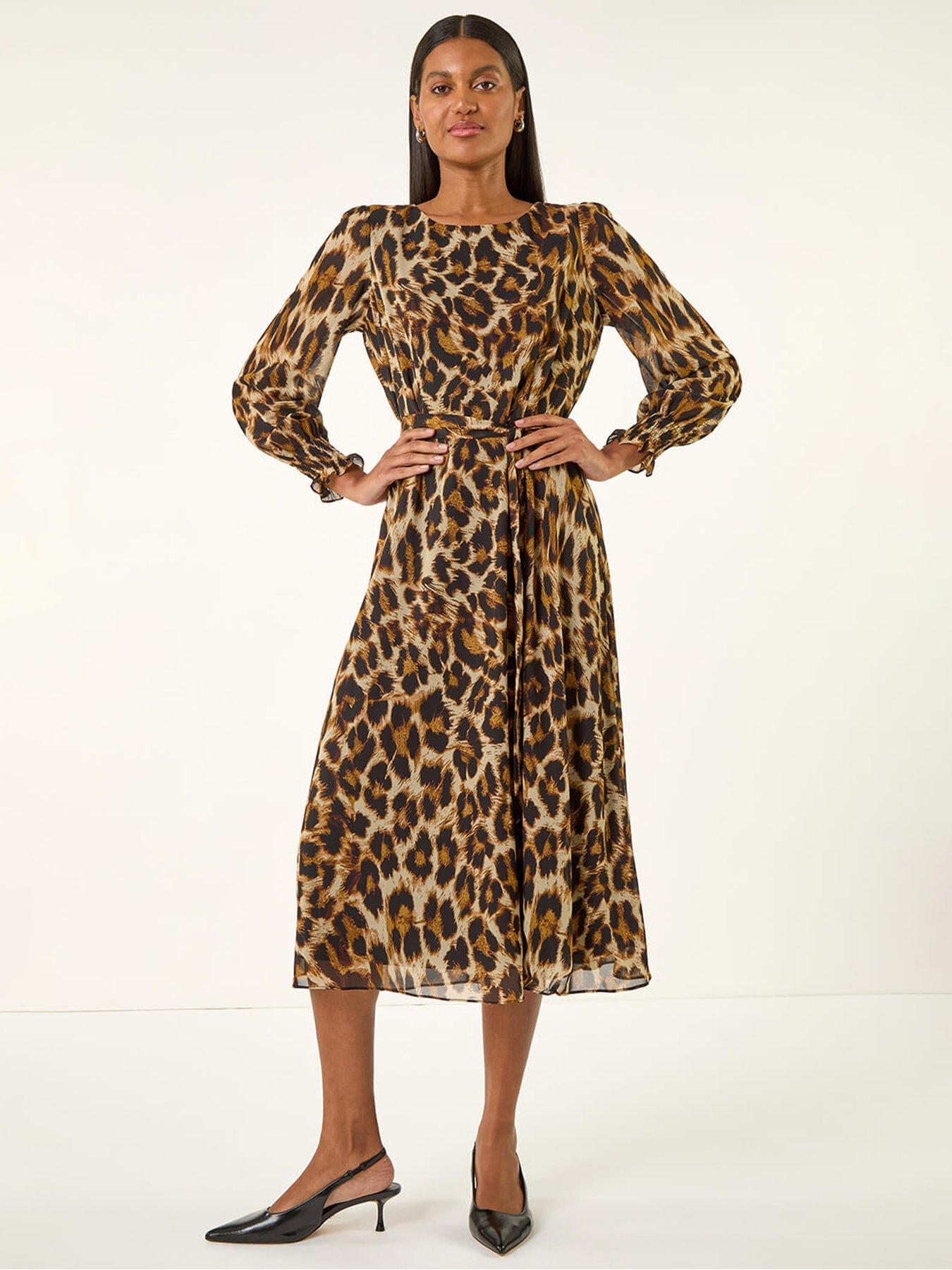undefined Animal Print Shirred Midi Dress - Tan