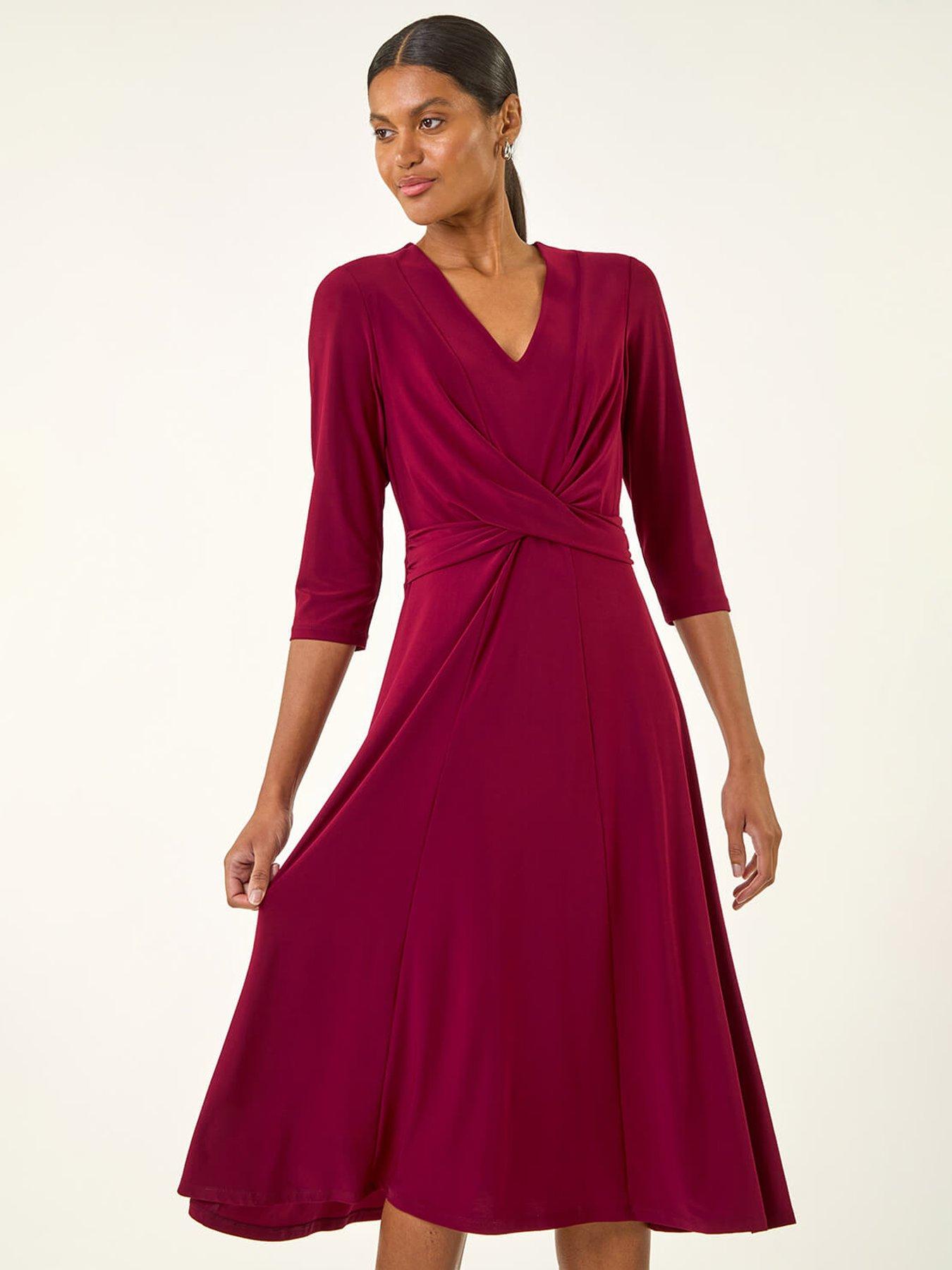 Image 3 of 5 of Roman Stretch Crossover Midi Dress - Red