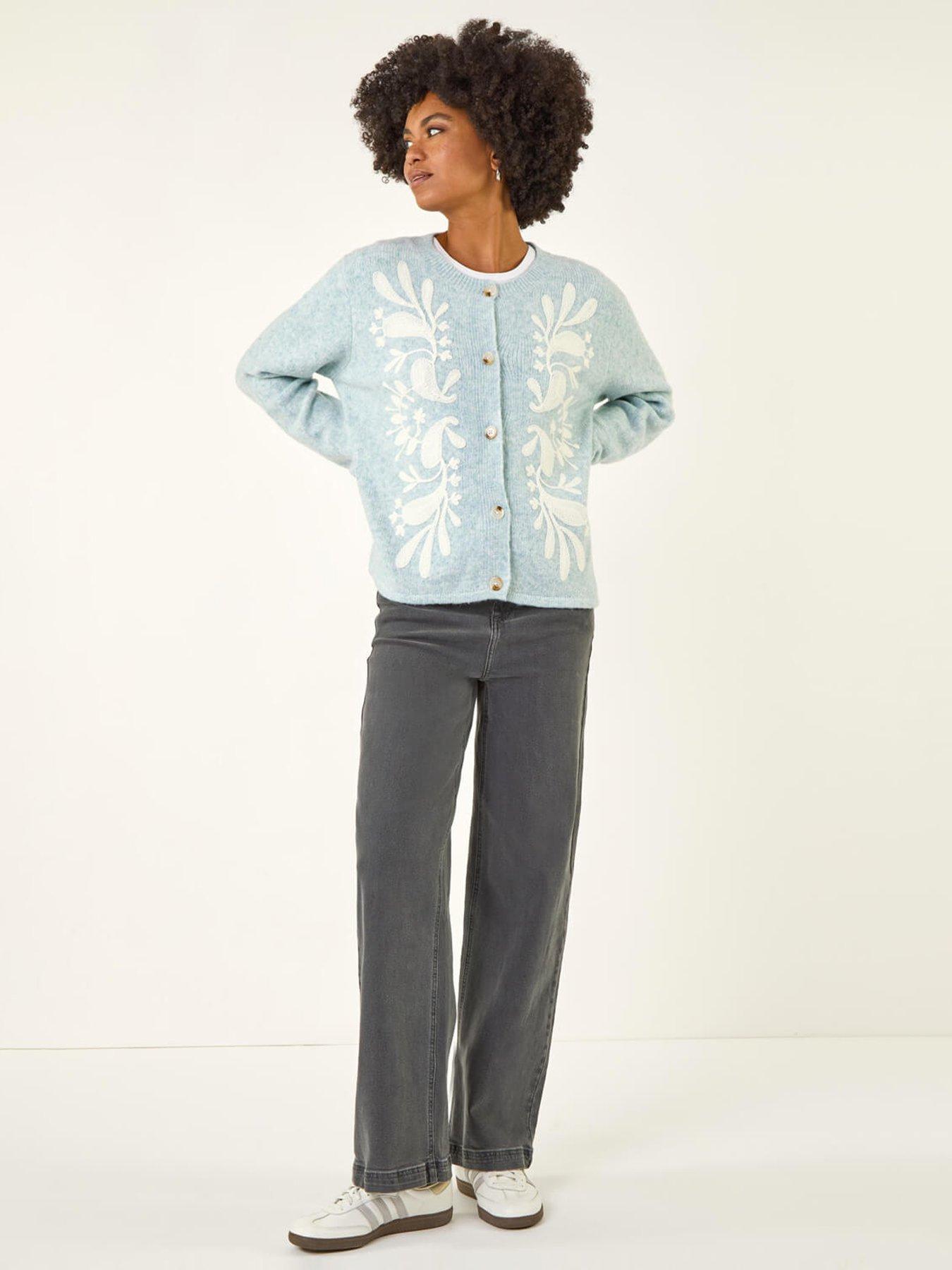 Image 3 of 5 of Roman Floral Buttoned Knit Cardigan - Blue