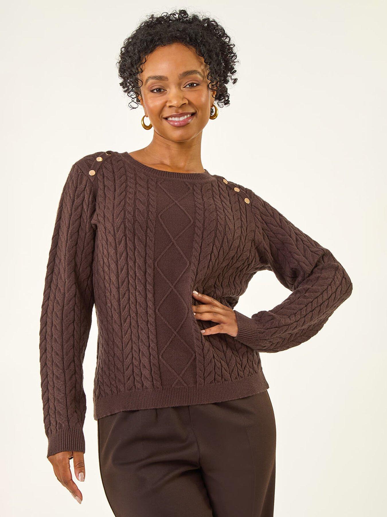 undefined Petite Button Cable Knit Jumper - Brown