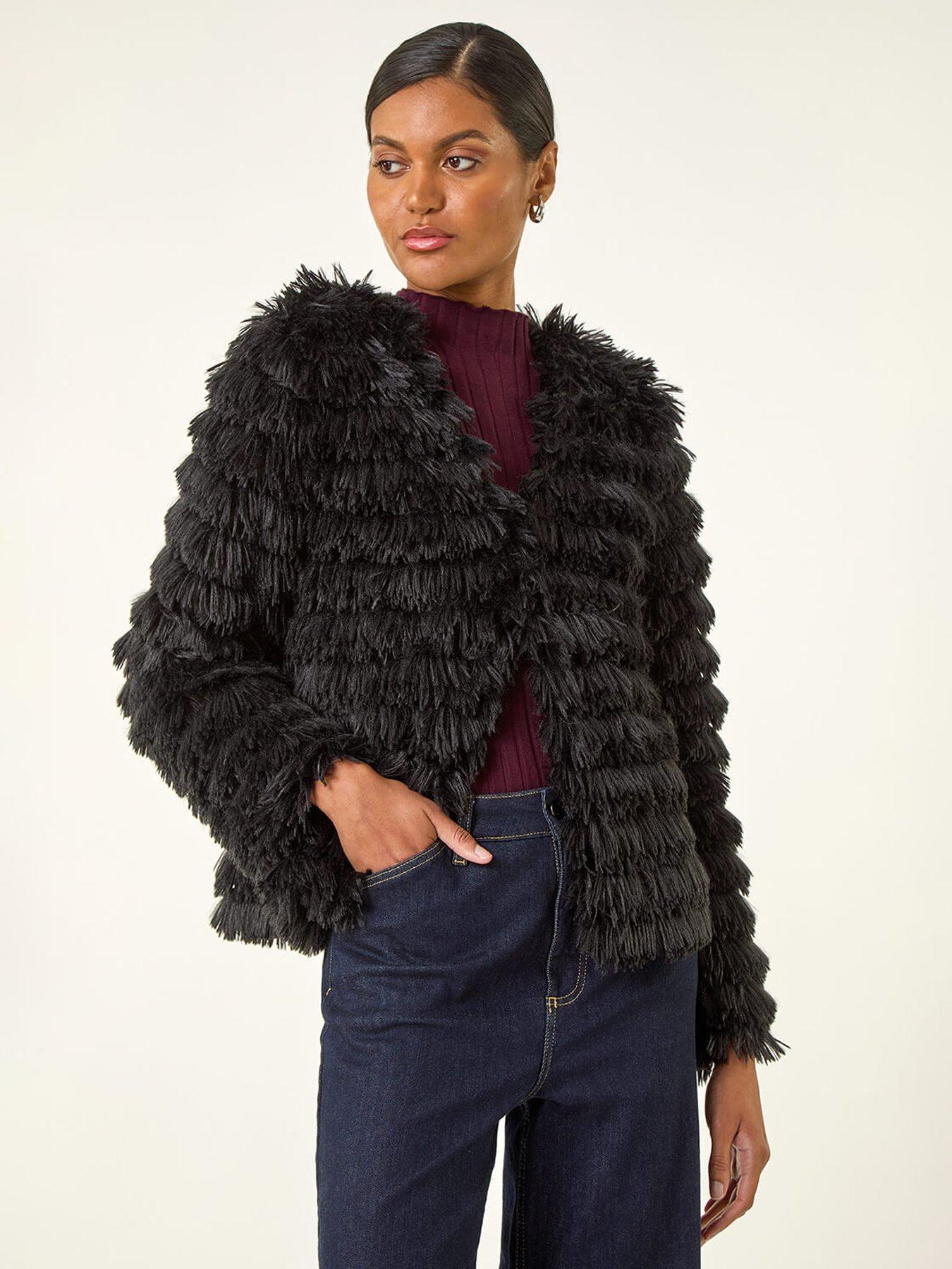 Roman Faux Fur Fluffy Layered Jacket - Black