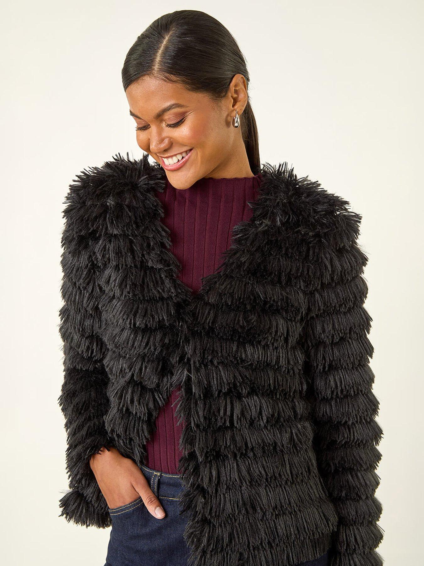  image of roman-faux-fur-fluffy-layered-jacket-black