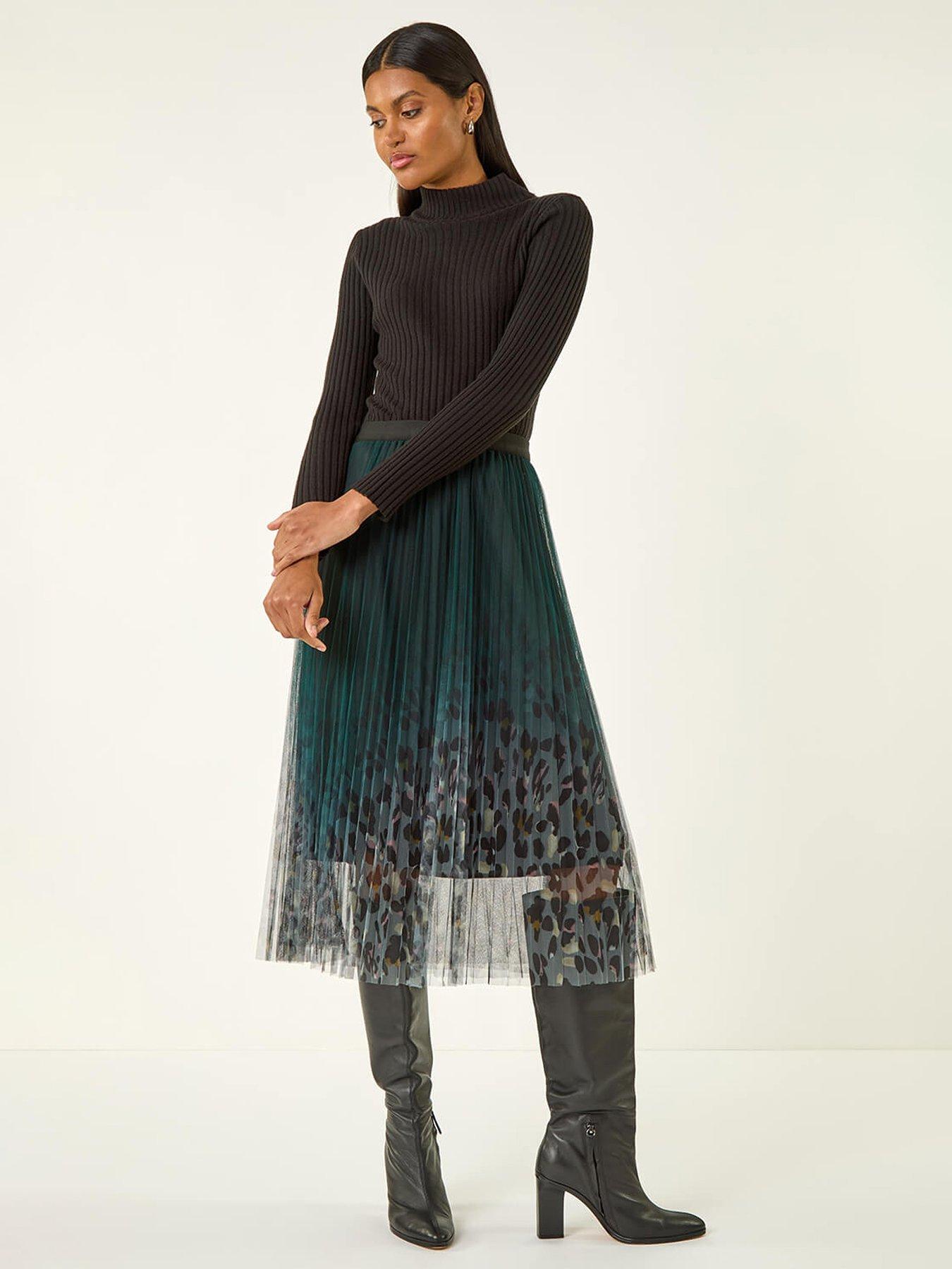  image of roman-printed-pleat-mesh-skirt-green