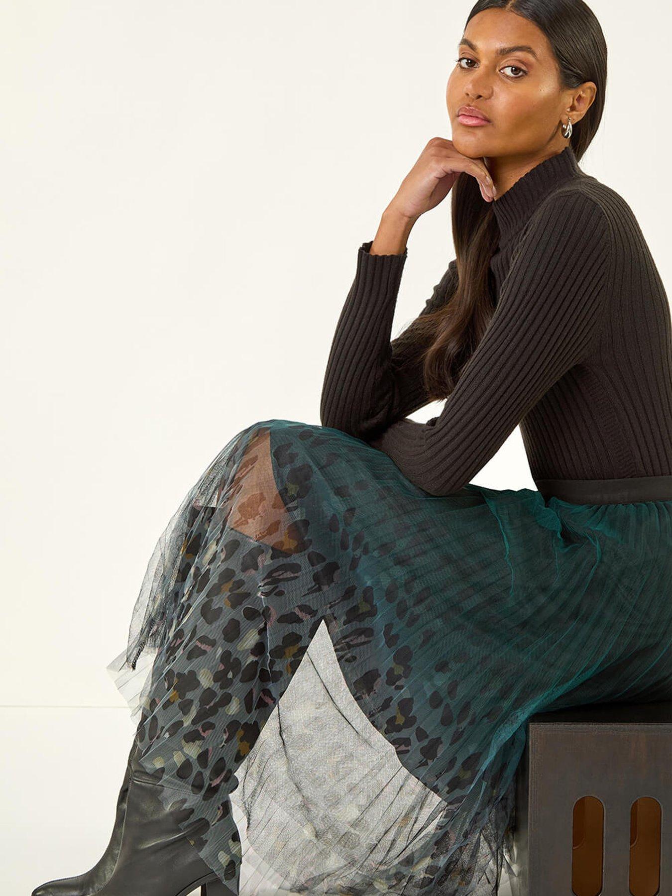  image of roman-printed-pleat-mesh-skirt-green