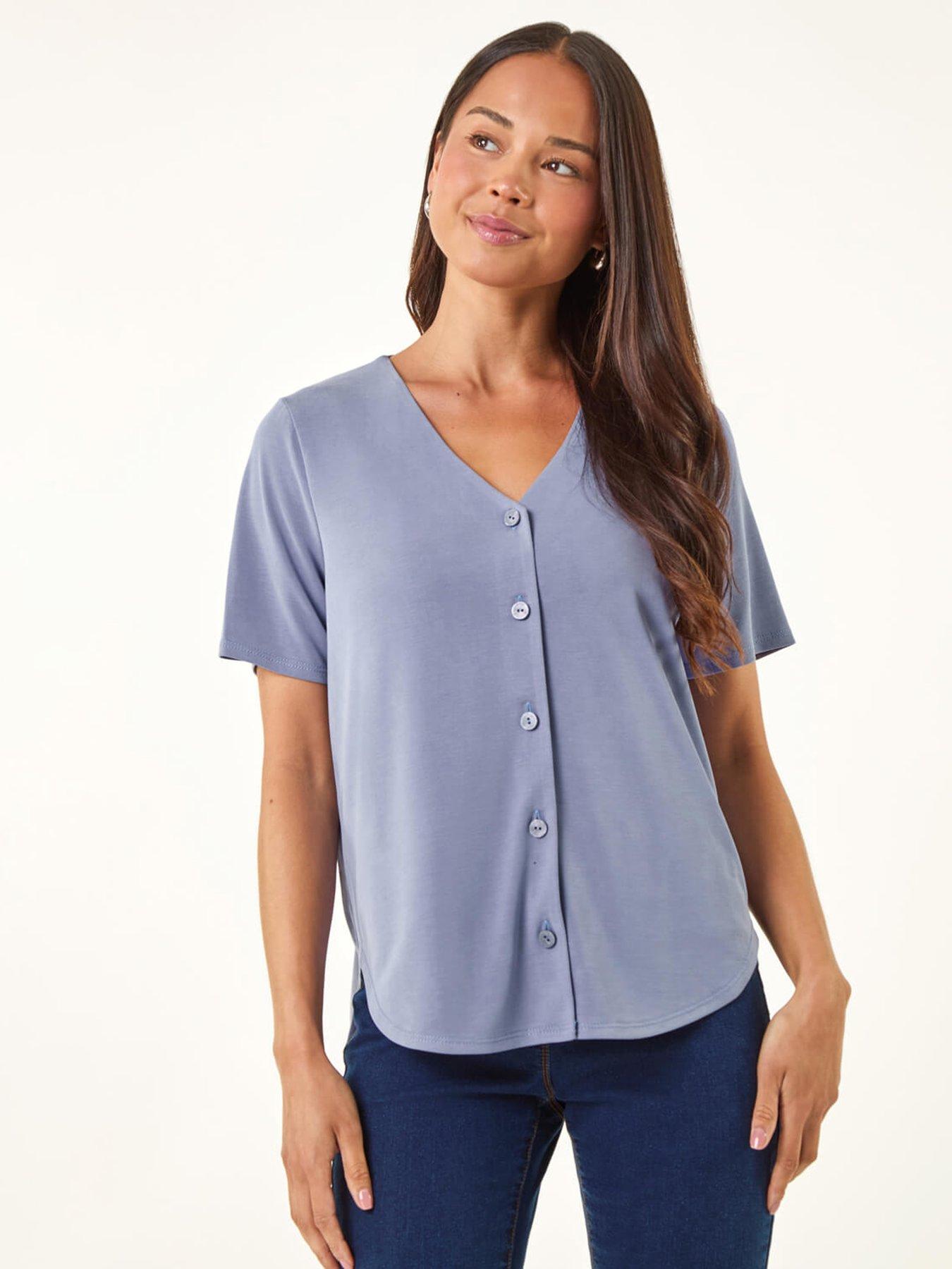 Roman Petite V-Neck Buttoned Blouse - Blue