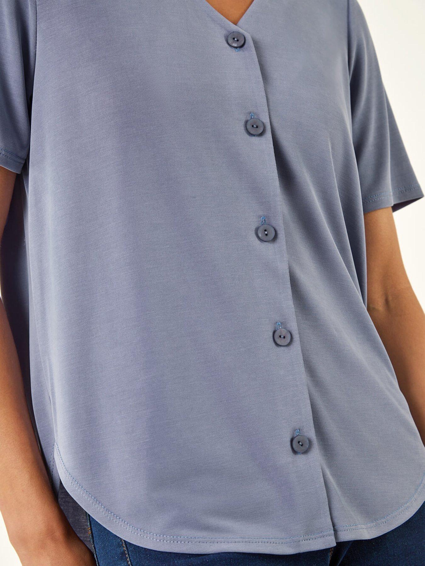 Image 5 of 5 of Roman Petite V-Neck Buttoned Blouse - Blue