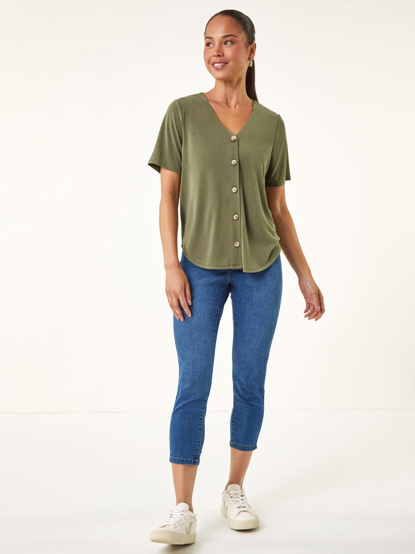 undefined Petite V-Neck Buttoned Blouse - Green