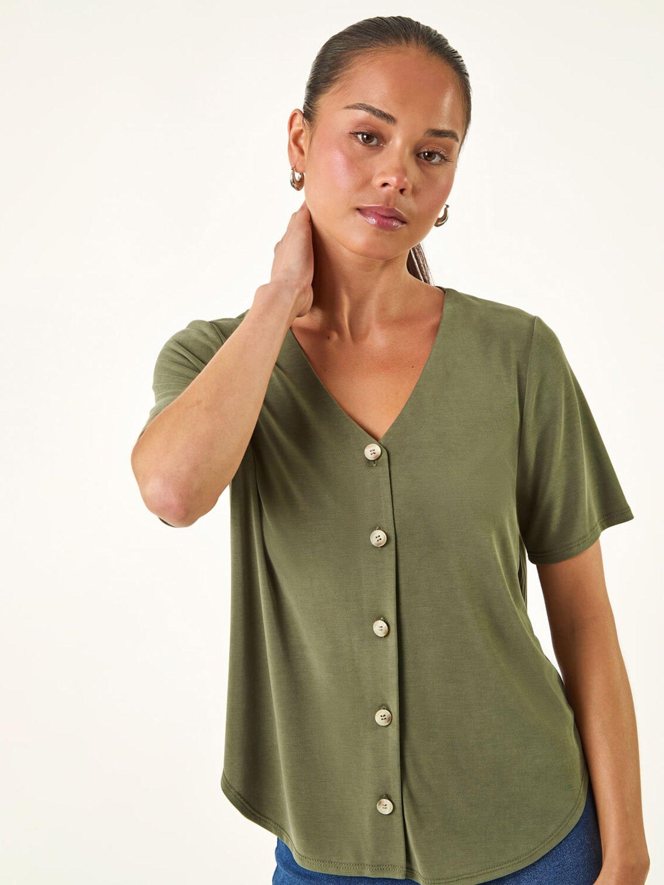Image 3 of 5 of Roman Petite V-Neck Buttoned Blouse - Green