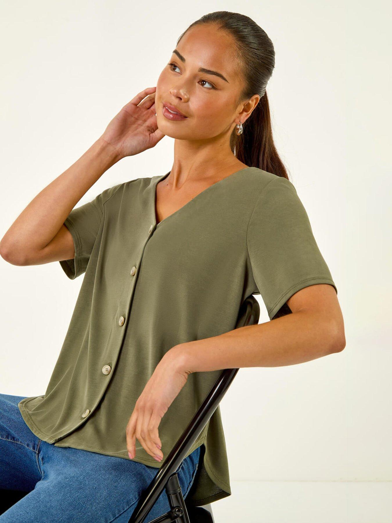 Image 4 of 5 of Roman Petite V-Neck Buttoned Blouse - Green