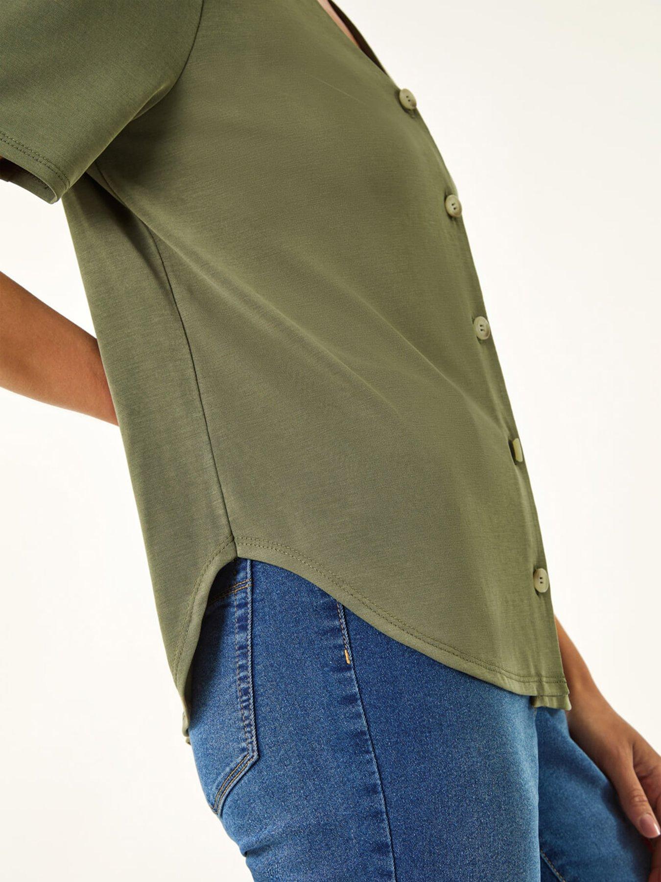 Image 5 of 5 of Roman Petite V-Neck Buttoned Blouse - Green