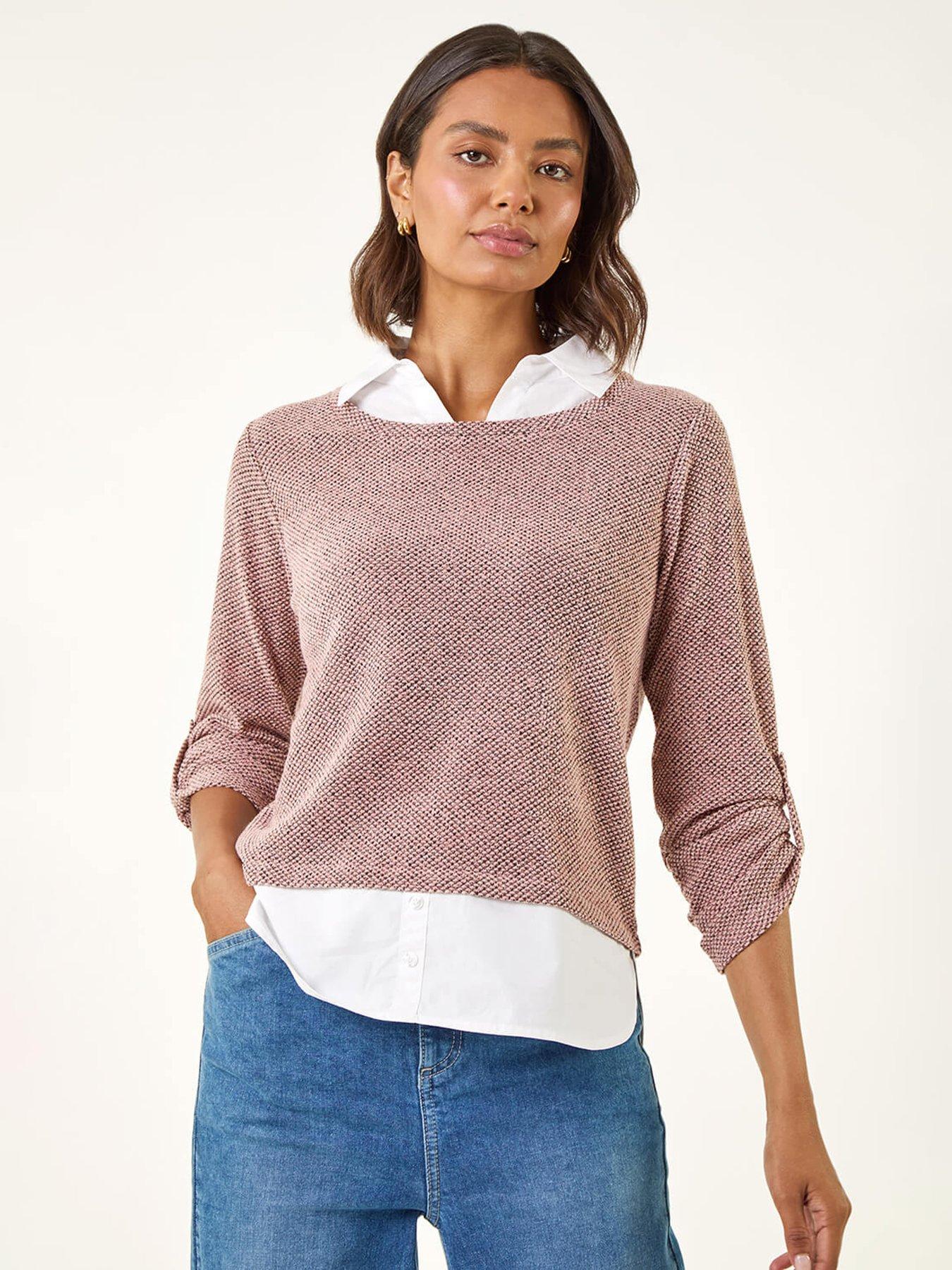 Roman Mock Shirt Textured Knit Jumper - Pink