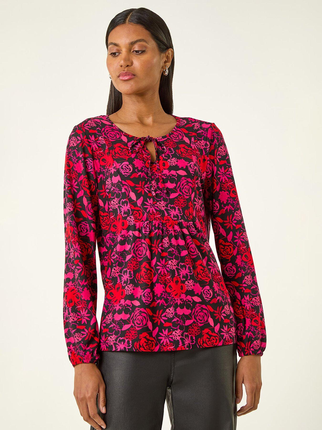 Roman Floral Tie Neck Top - Pink