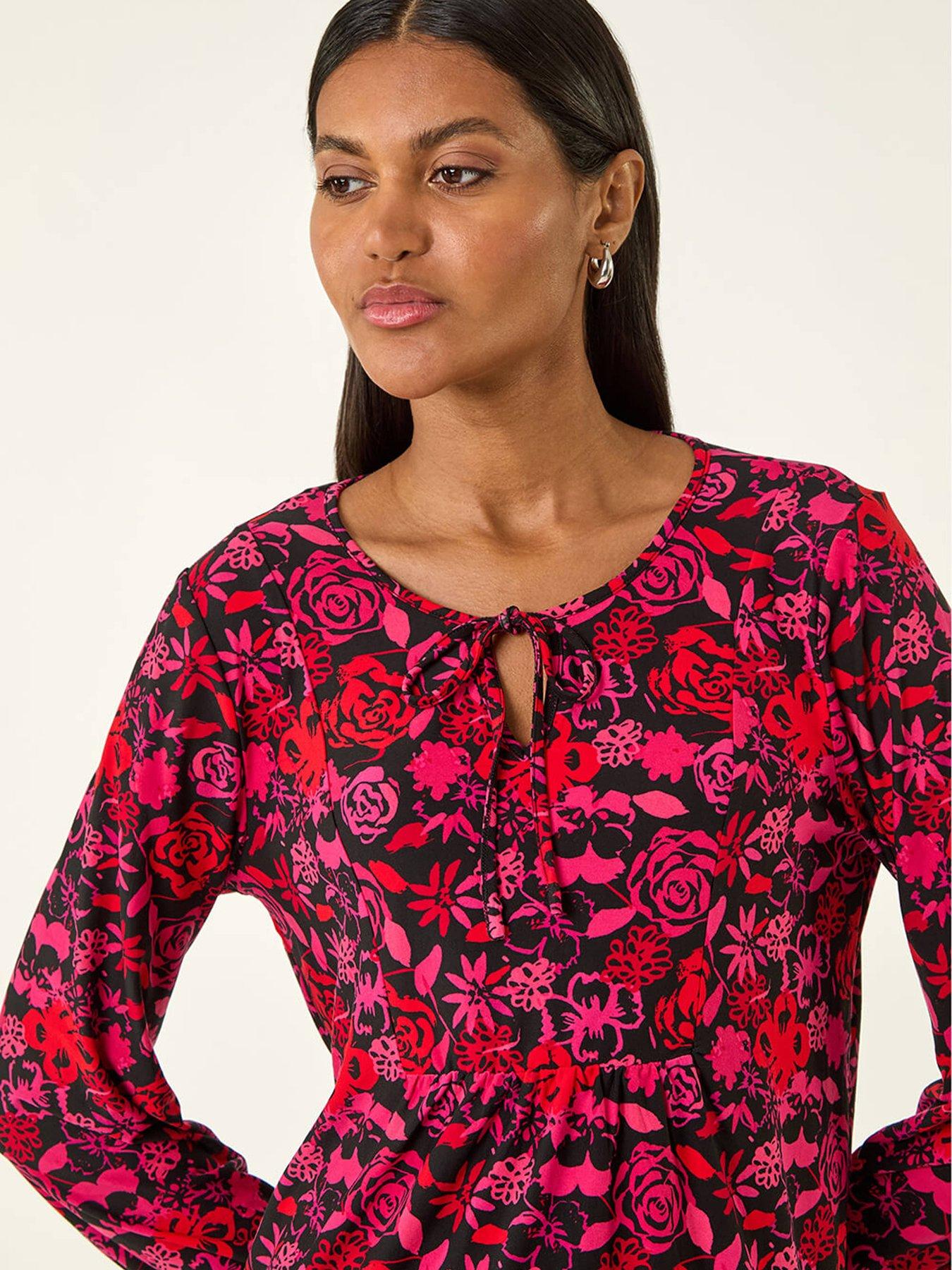Image 4 of 5 of Roman Floral Tie Neck Top - Pink