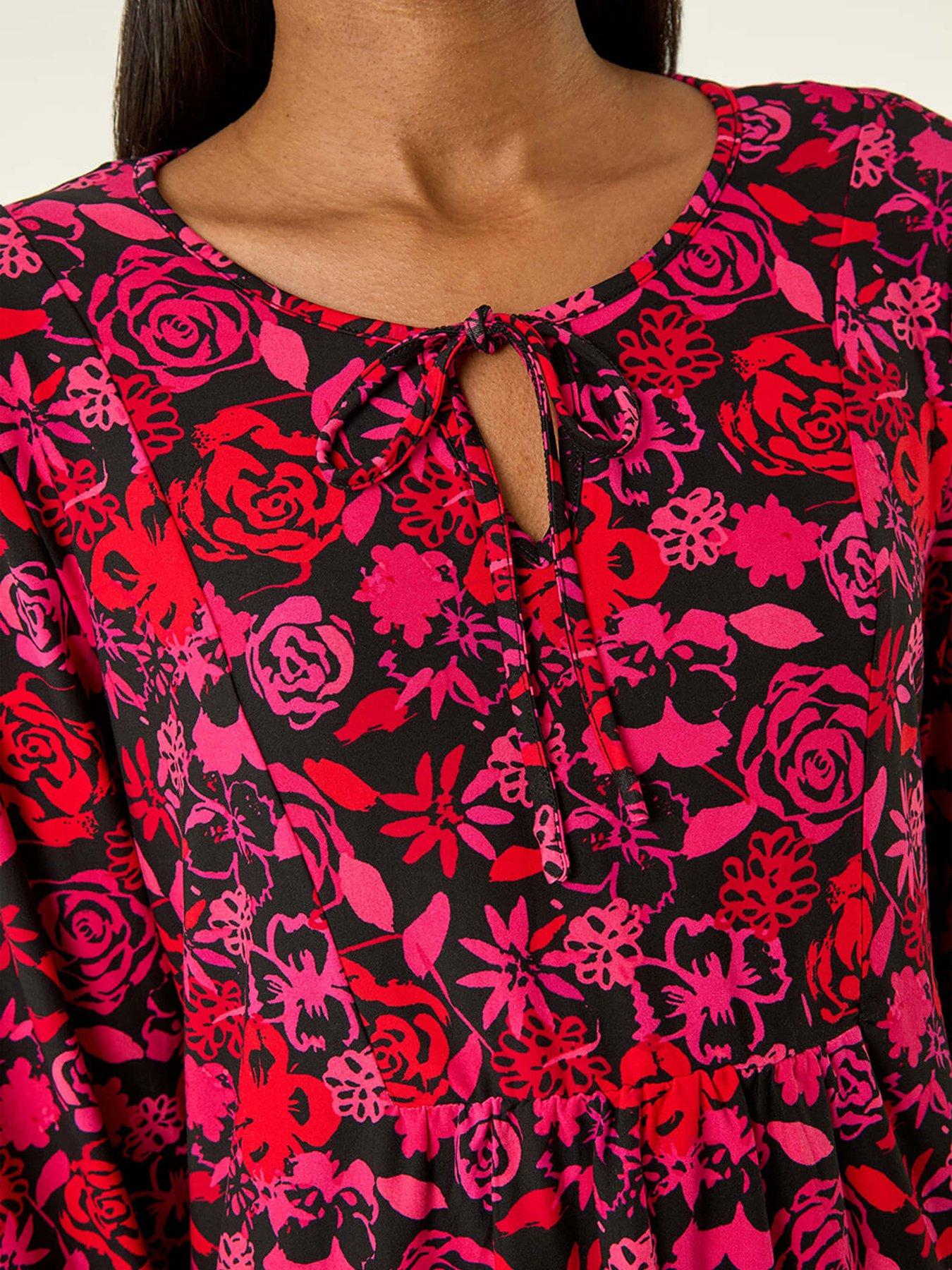 Image 5 of 5 of Roman Floral Tie Neck Top - Pink