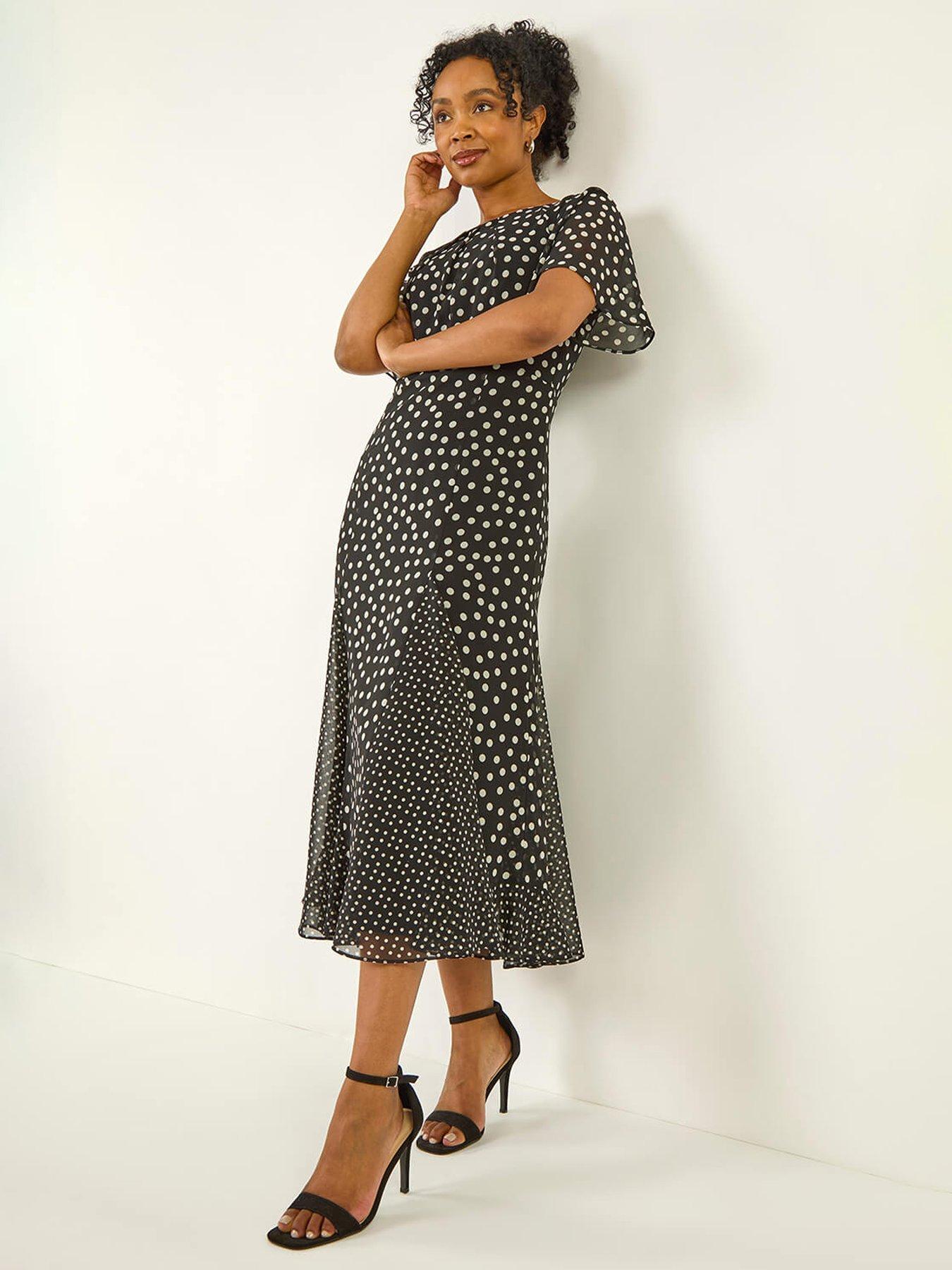 undefined Petite Spot Print Godet Hem Midi Dress - Black