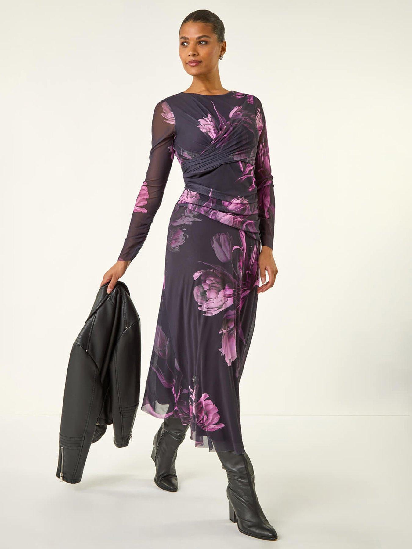 undefined Floral Mesh Stretch Maxi Dress - Purple