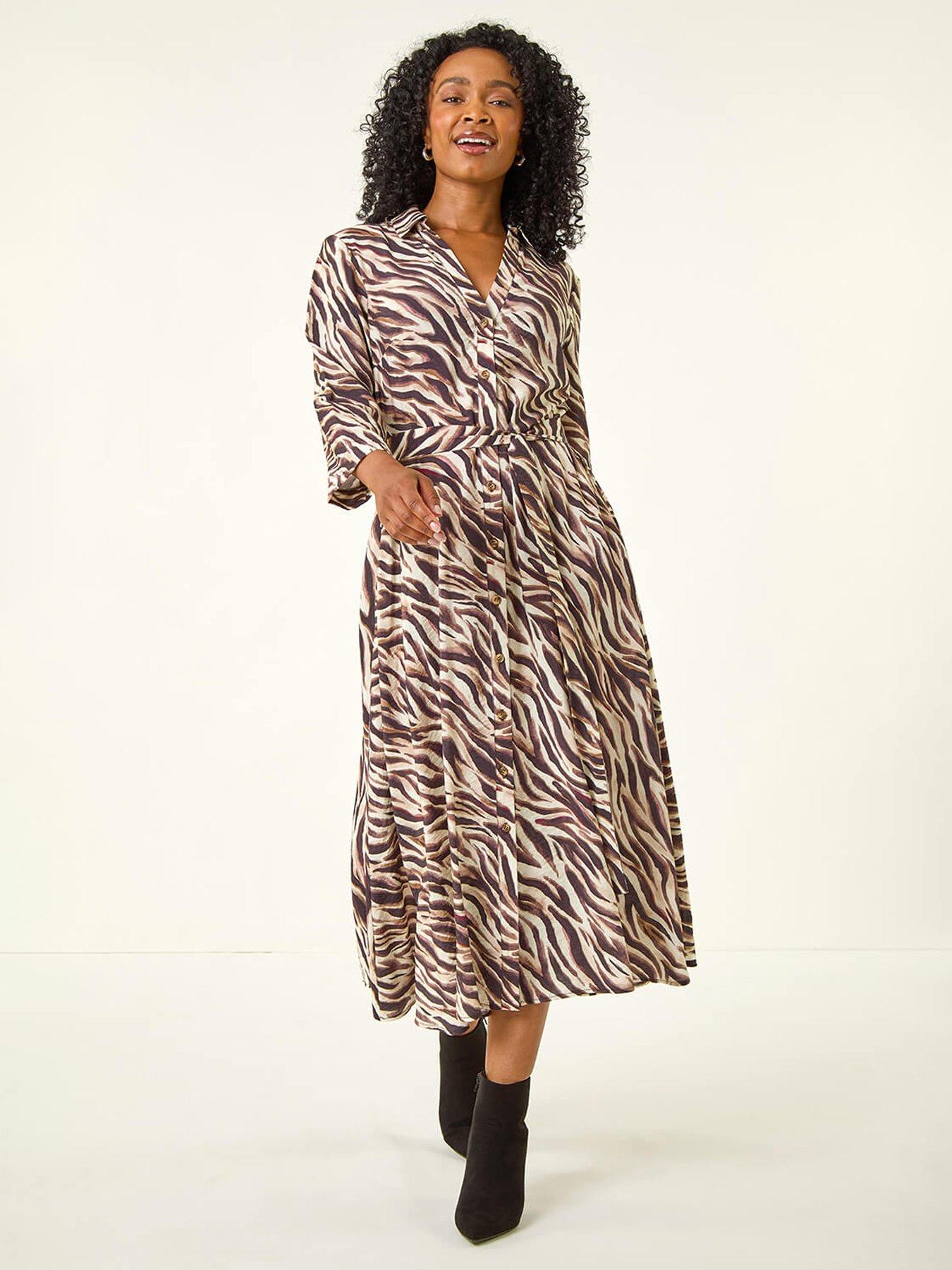 undefined Petite Animal Print Midi Shirt Dress - Brown