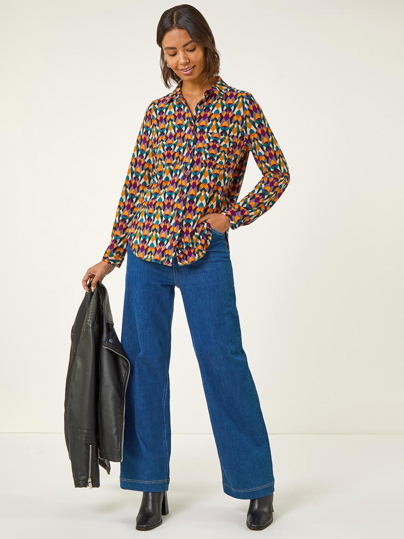 Image 3 of 5 of Roman Geo Print Stretch Top - Orange