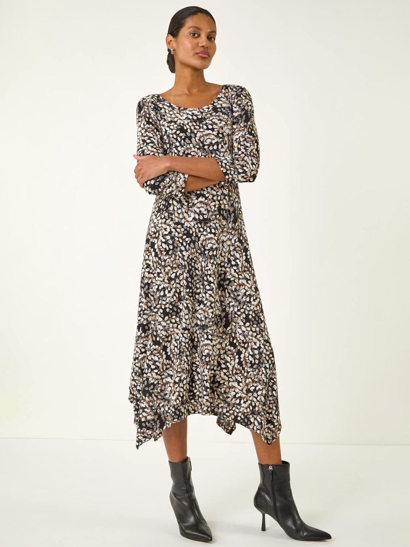 undefined Printed Hanky Hem Stretch Midi Dress - Beige