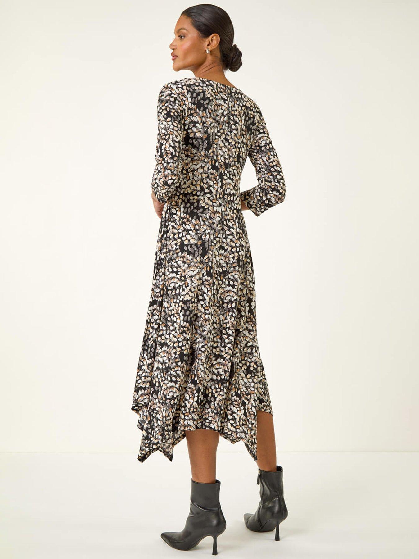 Image 2 of 5 of Roman Printed Hanky Hem Stretch Midi Dress - Beige