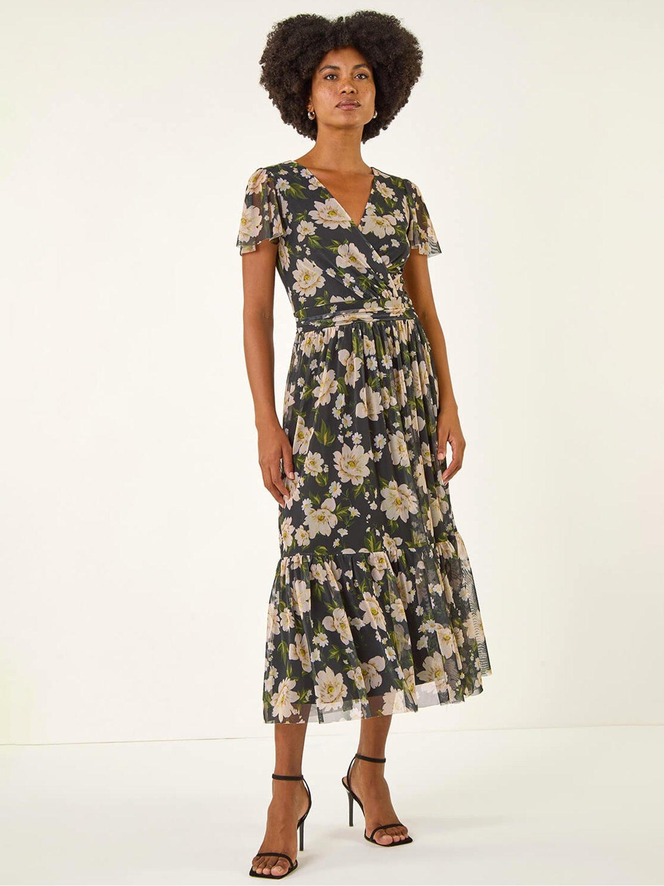 undefined Floral Print Mesh Midi Dress - Black