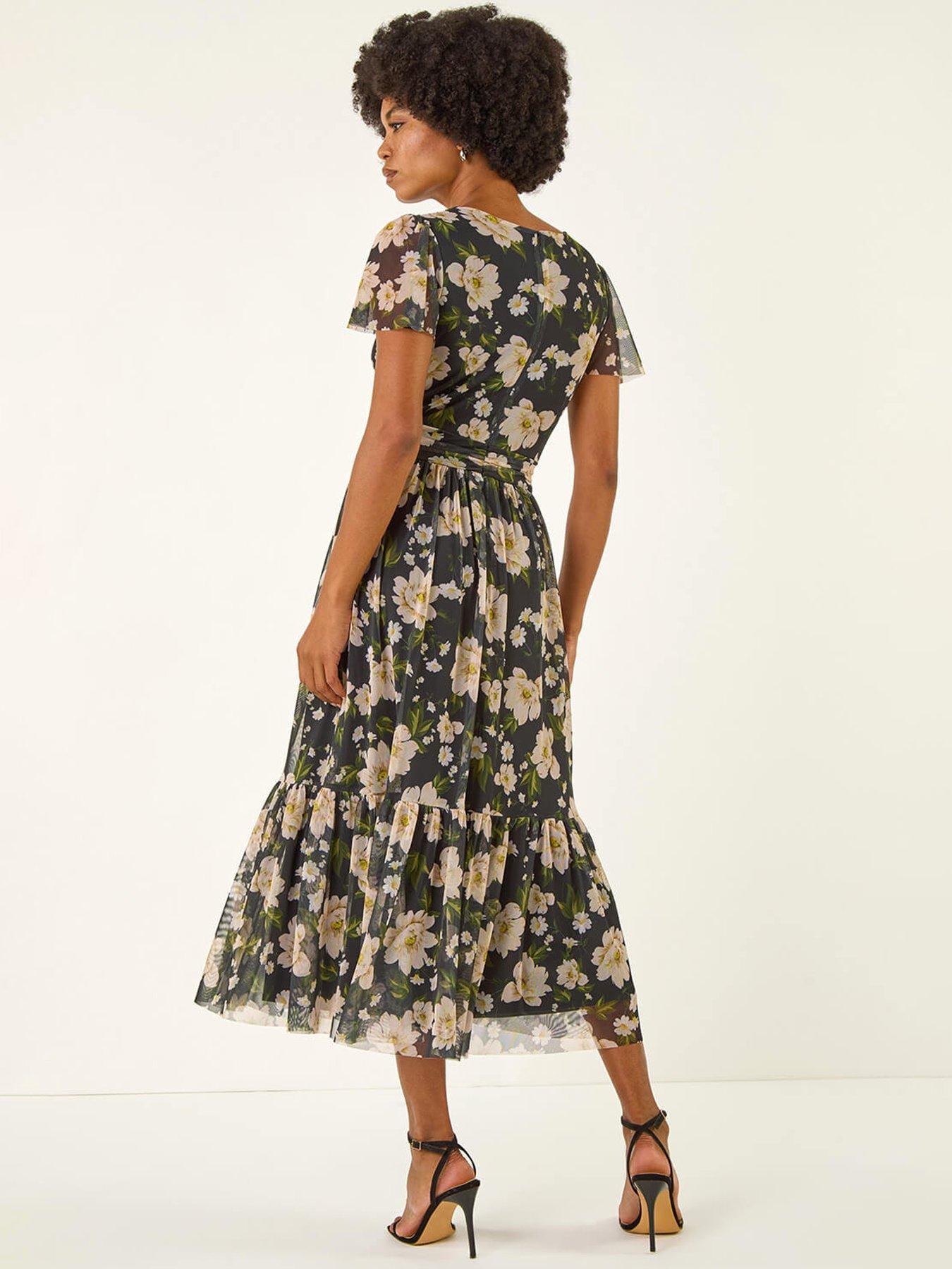 Image 2 of 5 of Roman Floral Print Mesh Midi Dress - Black