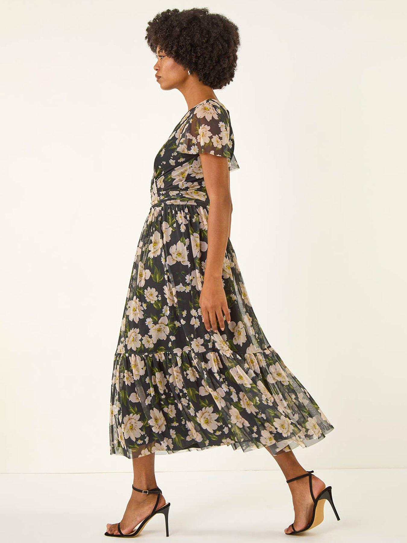 Image 4 of 5 of Roman Floral Print Mesh Midi Dress - Black