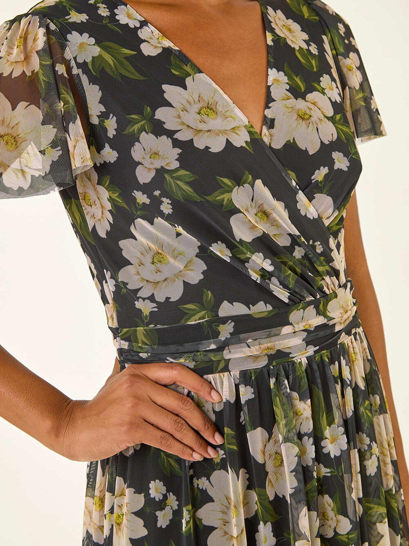 Image 5 of 5 of Roman Floral Print Mesh Midi Dress - Black