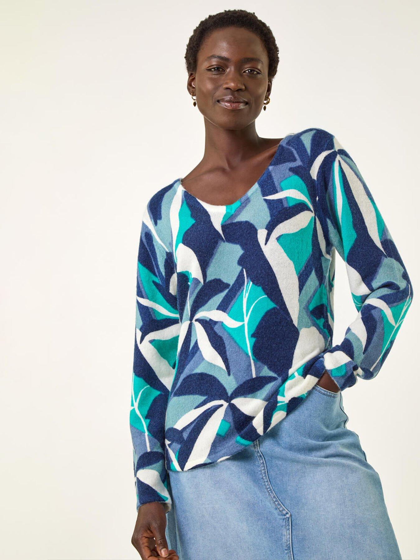 Roman Abstract V-Neck Knit Jumper - Blue