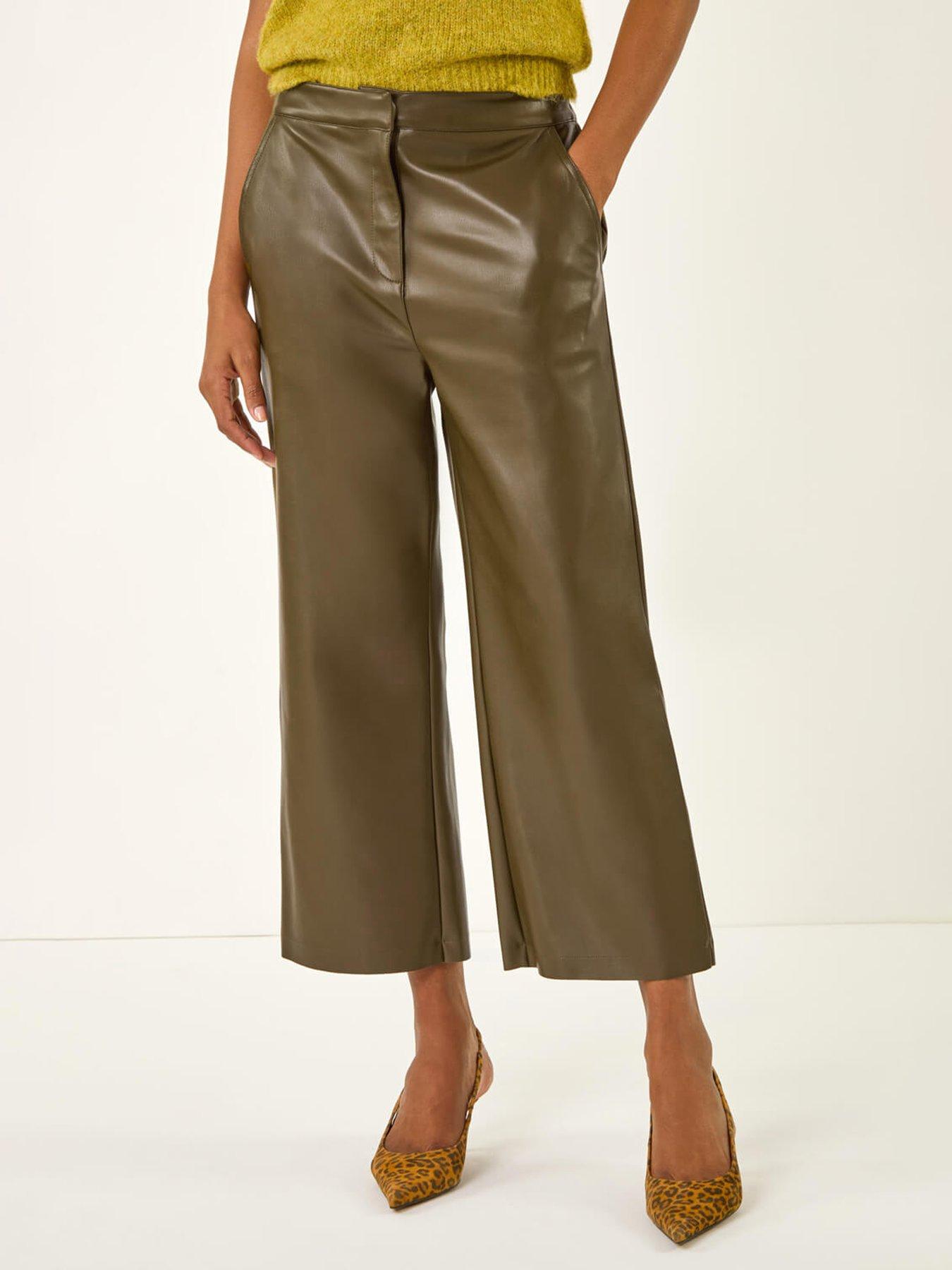Image 1 of 5 of Roman Faux Leather Wide Leg Crop Trousers - Green