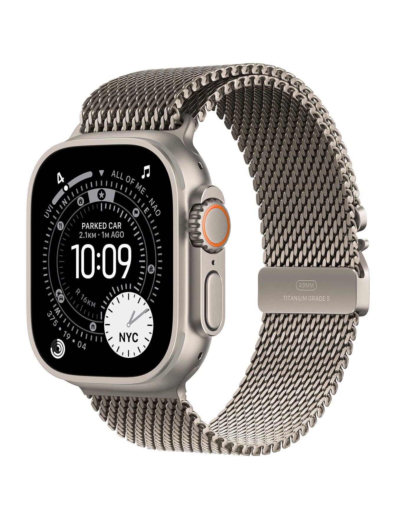 front image of apple-watch-ultra-3-gps-cellular-2025-49mmnbspnatural-titanium-case-with-natural-titanium-milanese-loop-medium