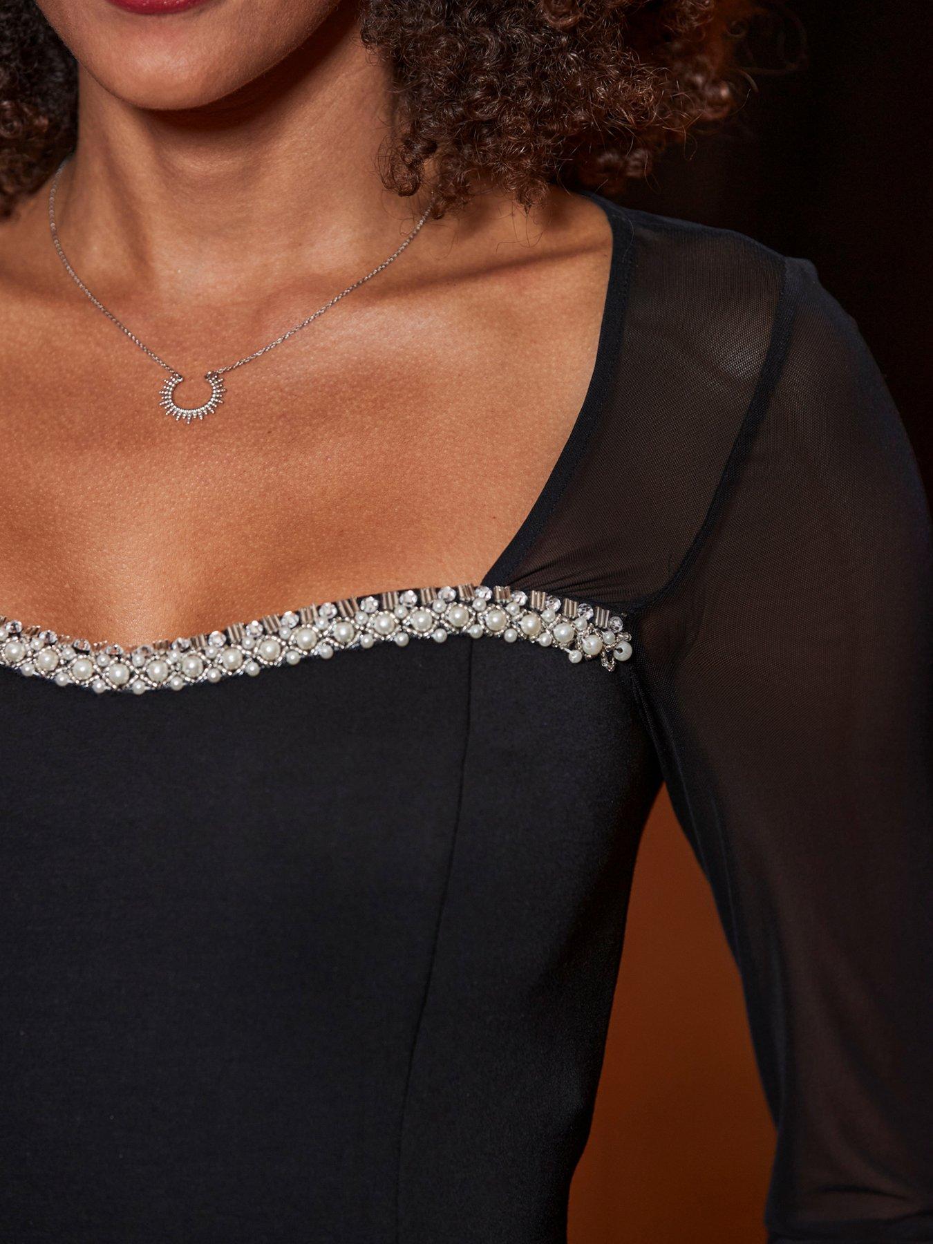 Image 5 of 6 of Sosandar Sheer Sleeve Luxe Embellished Trim Top - Black