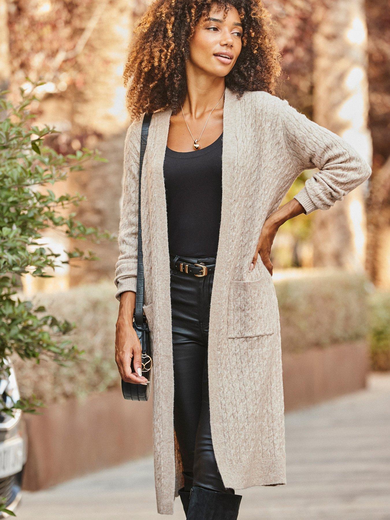 undefined Camel Super Cosy Cable Knit Longline Cardigan - Beige