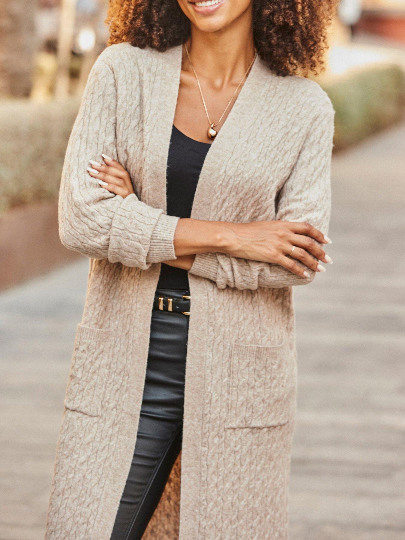 Image 2 of 6 of Sosandar Camel Super Cosy Cable Knit Longline Cardigan - Beige