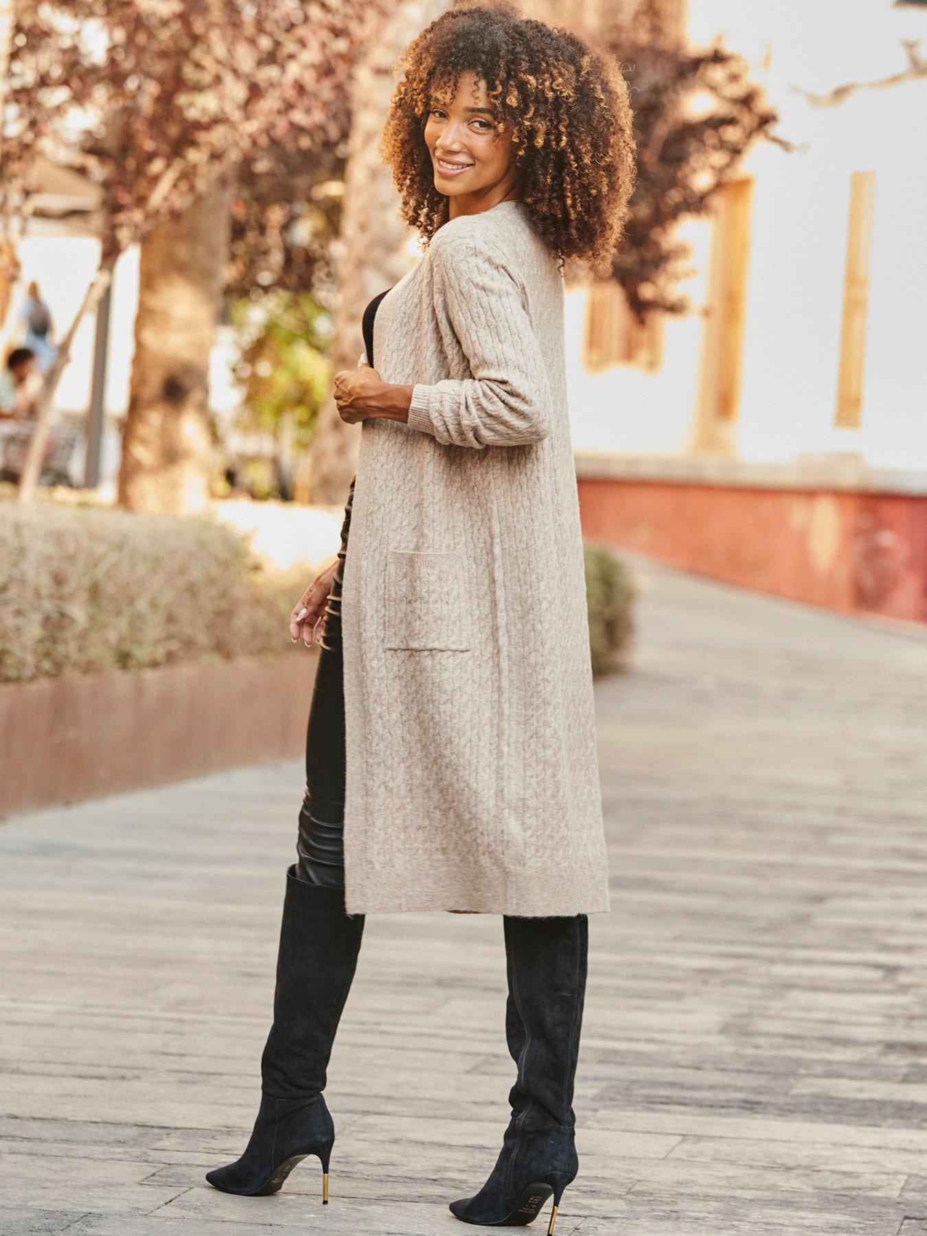 Image 3 of 6 of Sosandar Camel Super Cosy Cable Knit Longline Cardigan - Beige