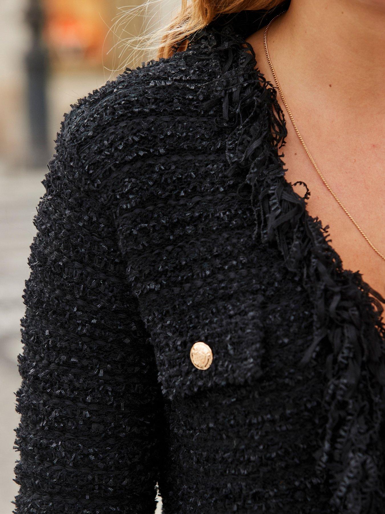 Image 5 of 6 of Sosandar Fringe Trim Boucle Cardigan - Black