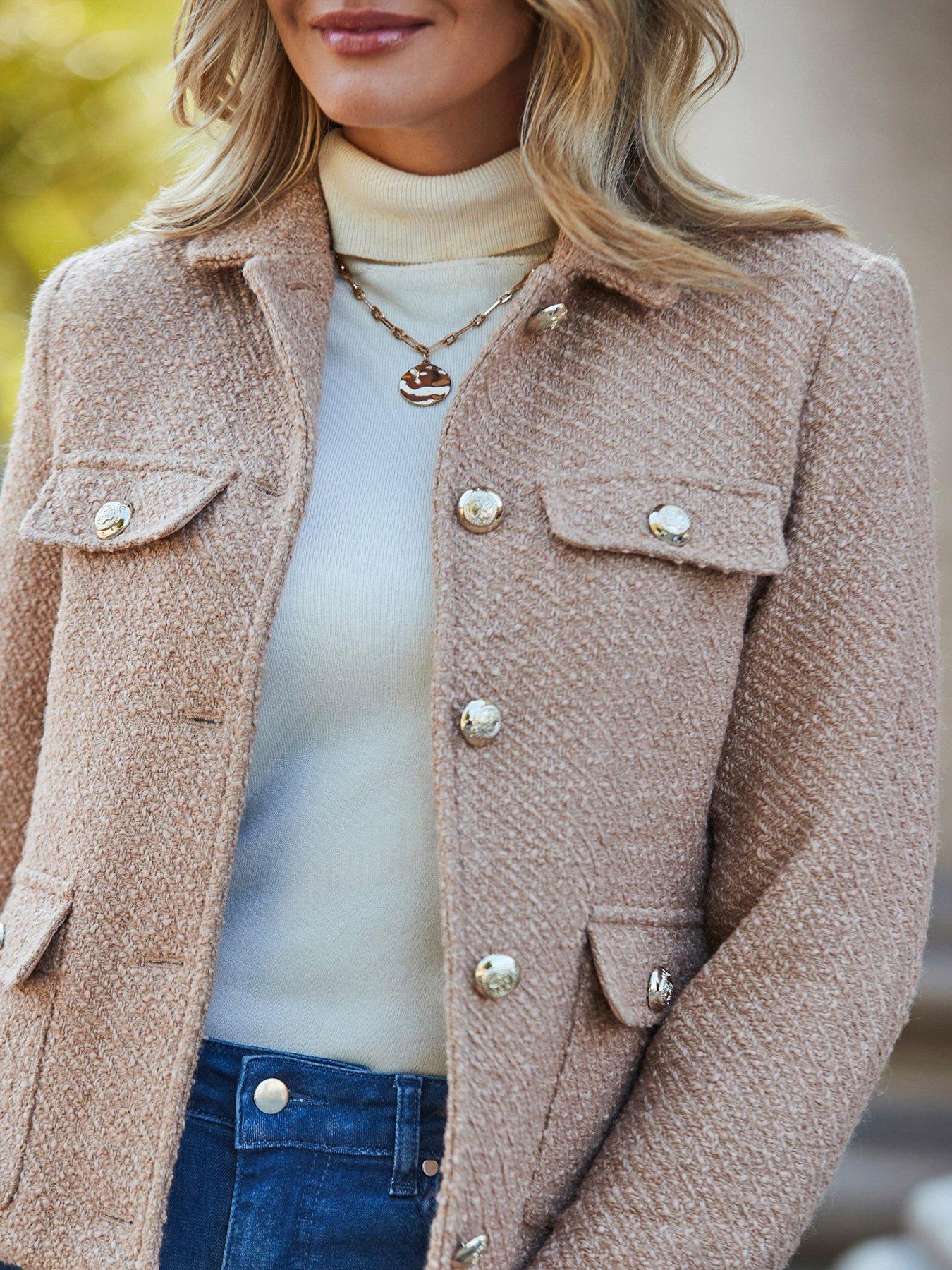 Image 4 of 6 of Sosandar Camel Boucle Jacket with Gold Buttons - Beige