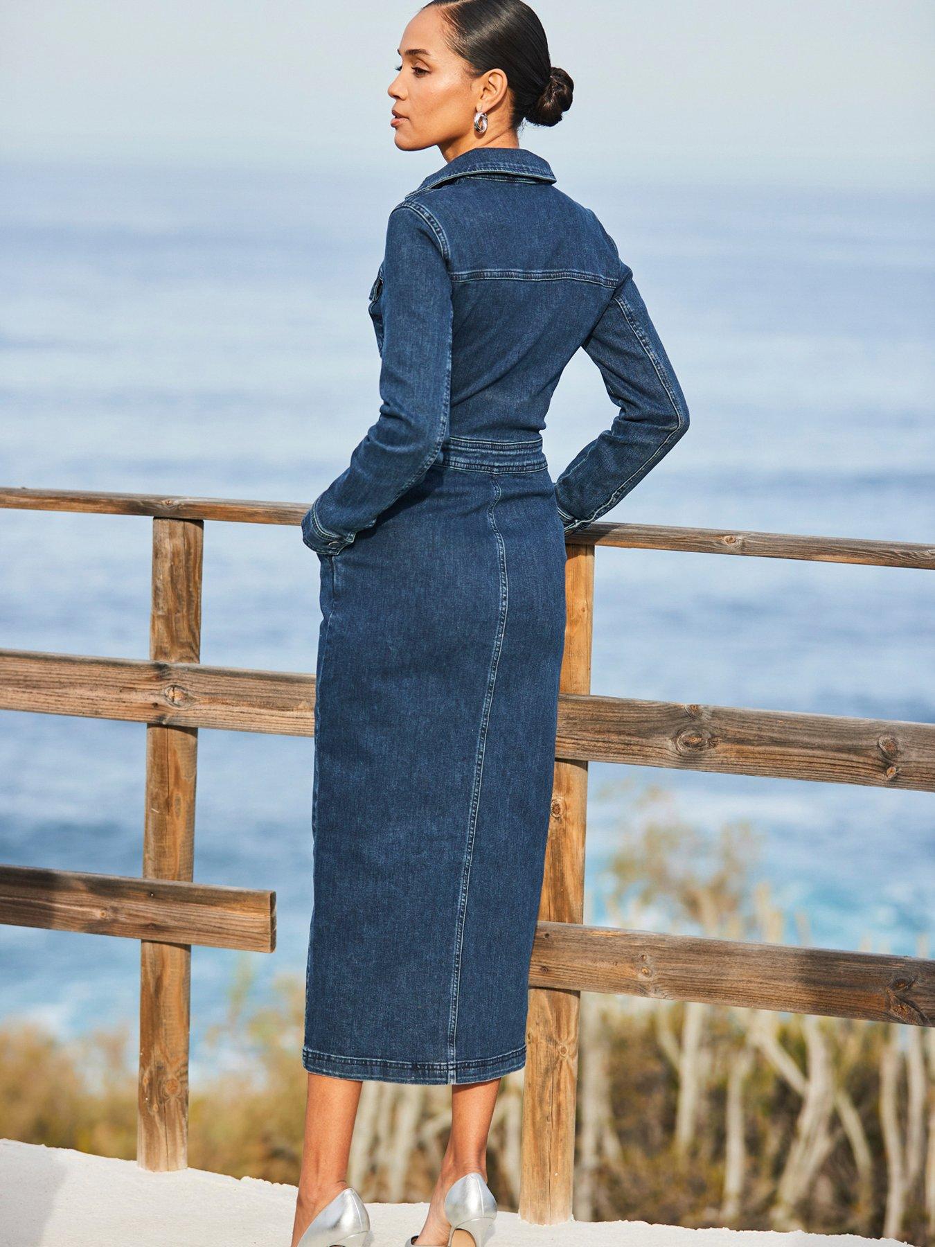 Image 2 of 6 of Sosandar Dark Indigo Denim Long Sleeve Button Front Midi Dress - Navy