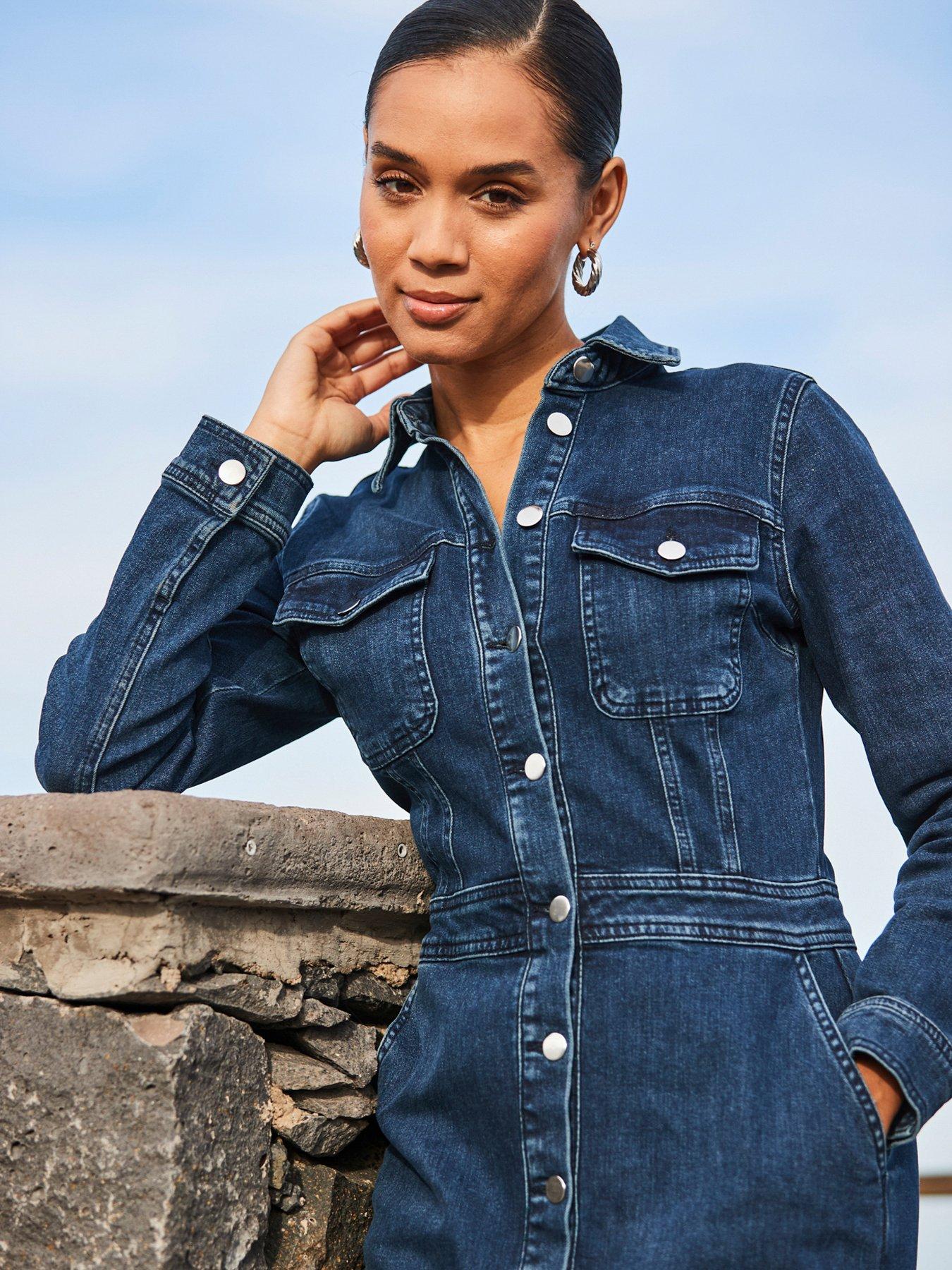 Image 4 of 6 of Sosandar Dark Indigo Denim Long Sleeve Button Front Midi Dress - Navy