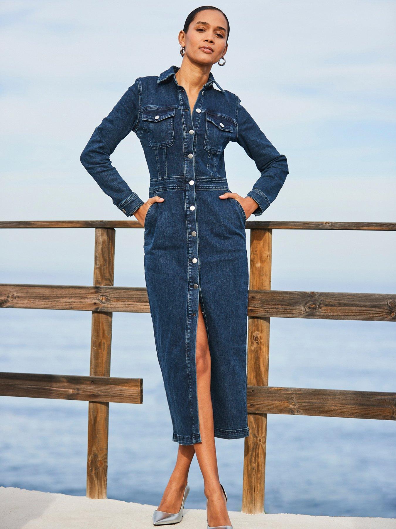 Image 5 of 6 of Sosandar Dark Indigo Denim Long Sleeve Button Front Midi Dress - Navy