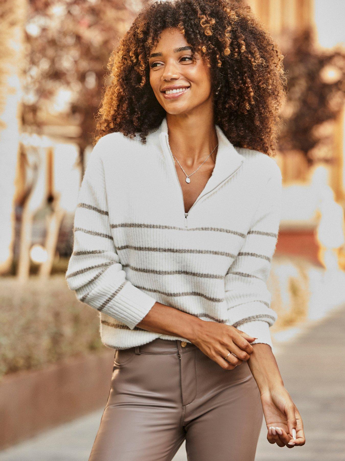undefined Stripe Quarter Zip Jumper - Ivory / Taupe