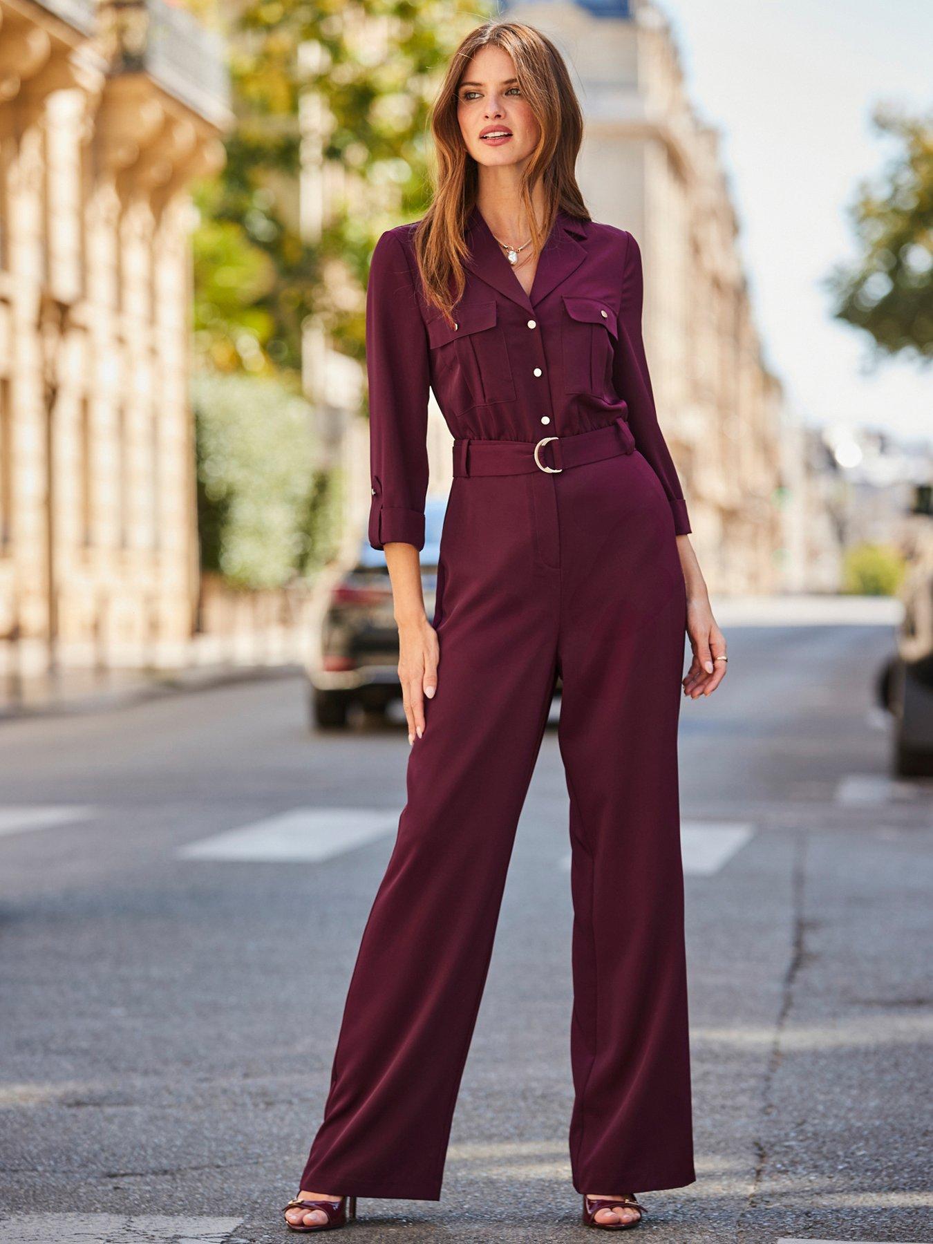Sosandar Burgundy Utility Pocket Belted Jumpsuit - Red