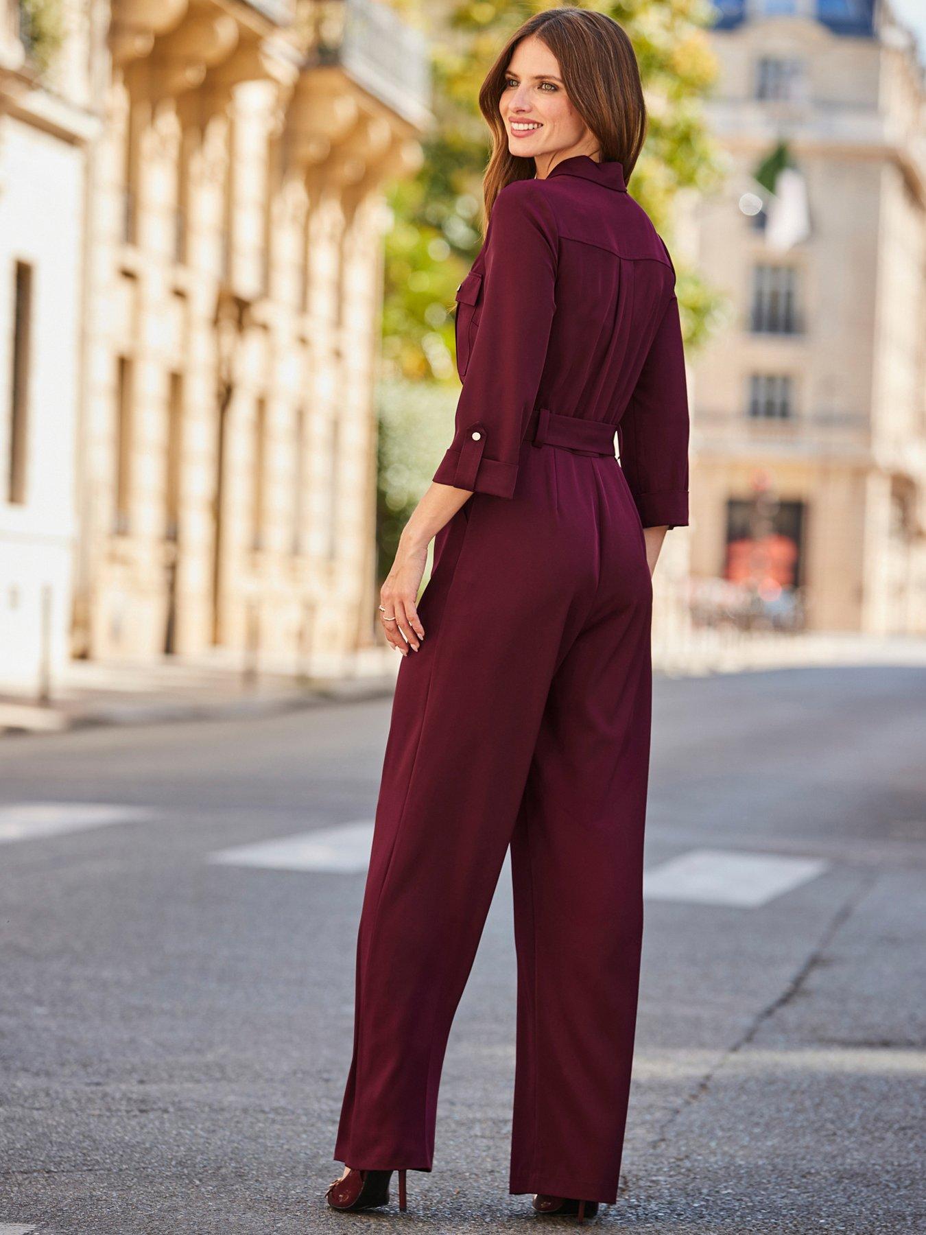 Image 2 of 5 of Sosandar Burgundy Utility Pocket Belted Jumpsuit - Red