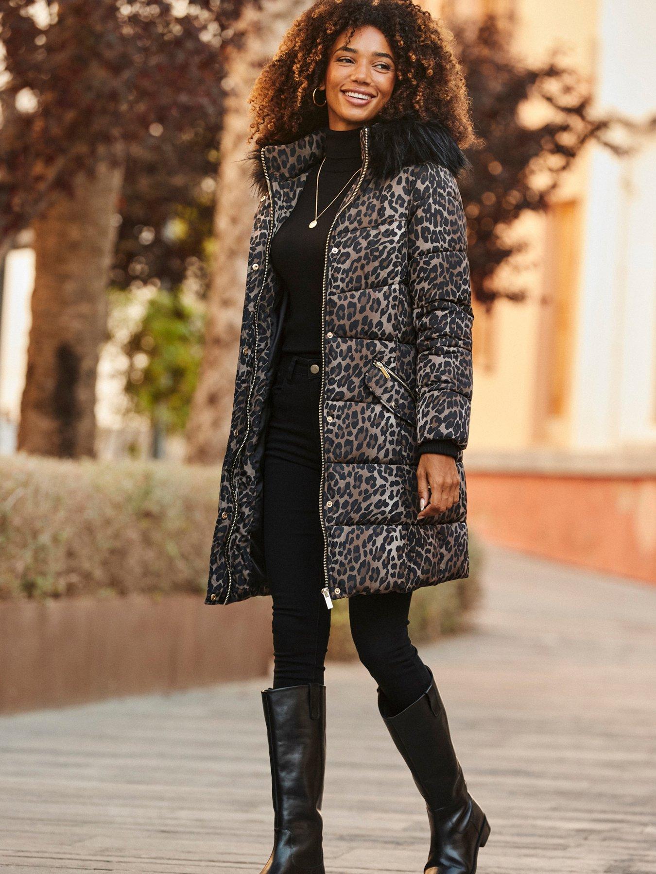 Sosandar Leopard Print Faux Fur Trim Padded Coat - Brown