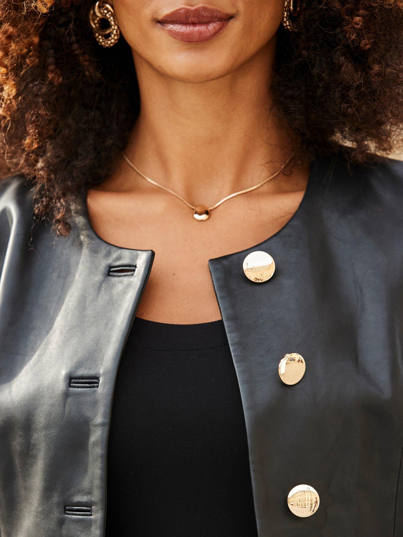 Image 2 of 6 of Sosandar Collarless Leather Jacket with Gold Buttons - Black